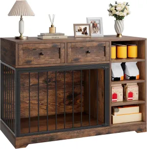 IDEALHOUSE 47 Large Dog Crate, Dog Kennel Indoor with 2 Drawers and 4 Shelves, Dog Crate Furniture TV Stand, Wooden Dog Cage for Medium Large Dogs, Brown