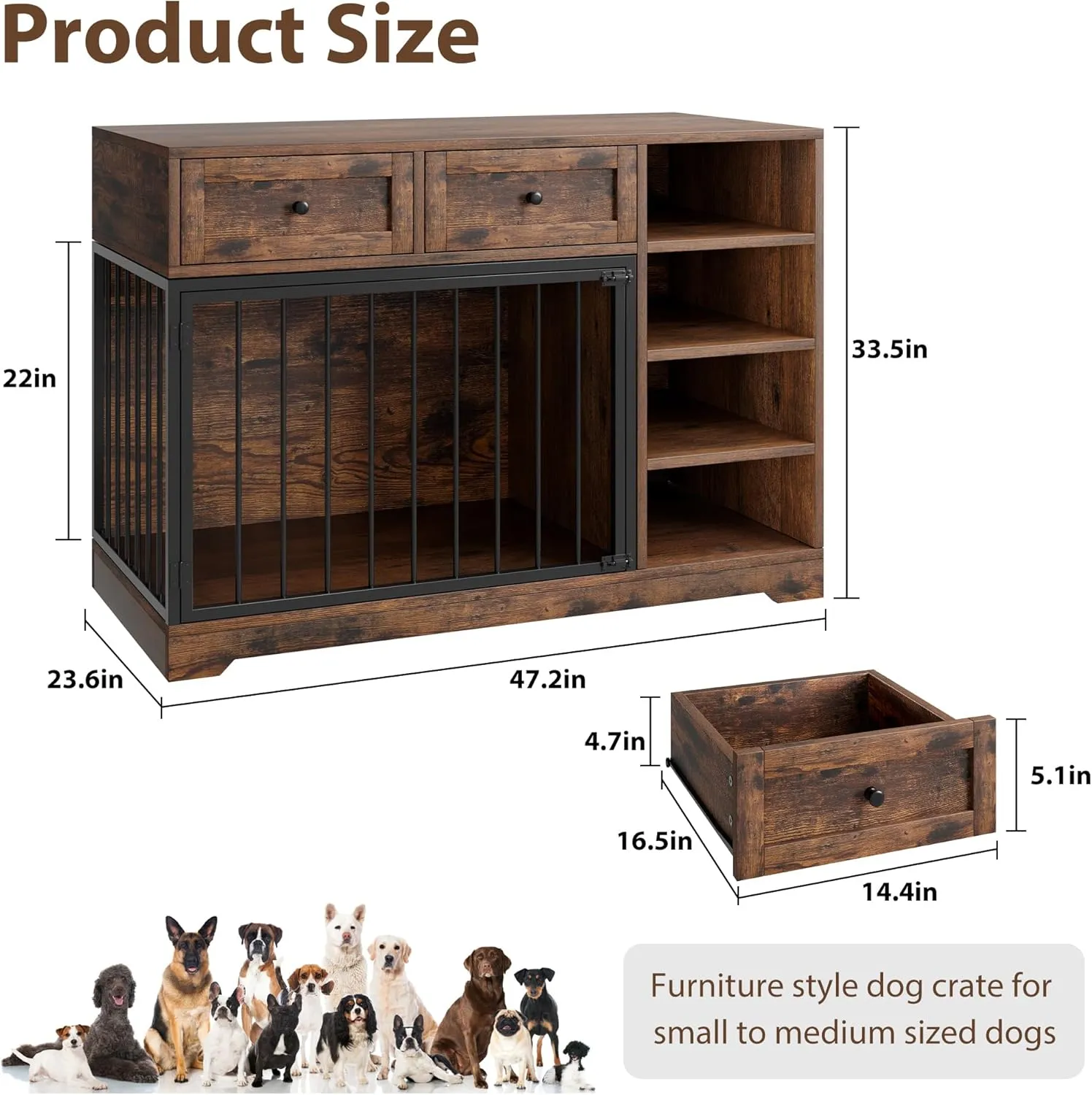 IDEALHOUSE 47 Large Dog Crate, Dog Kennel Indoor with 2 Drawers and 4 Shelves, Dog Crate Furniture TV Stand, Wooden Dog Cage for Medium Large Dogs, Brown