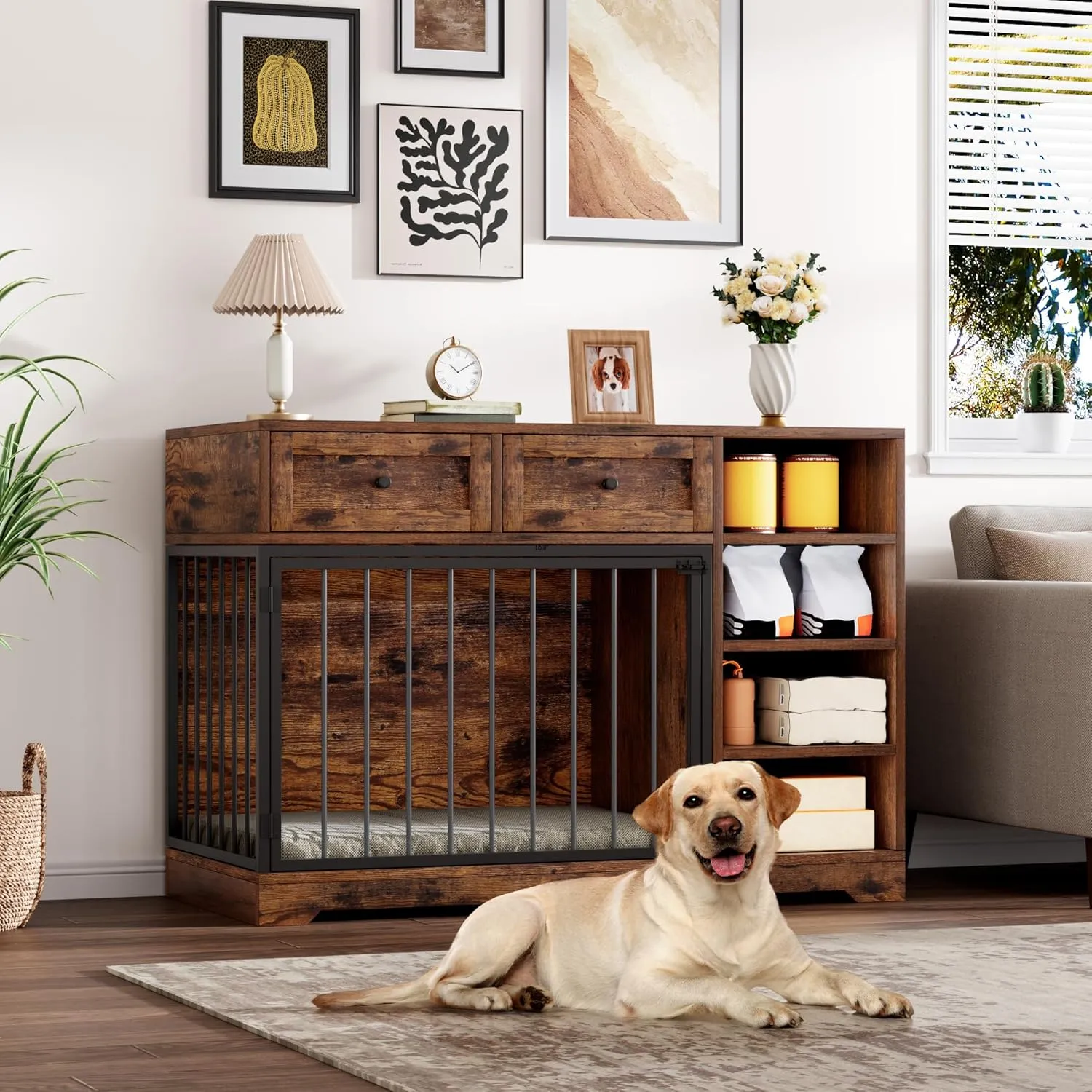 IDEALHOUSE 47 Large Dog Crate, Dog Kennel Indoor with 2 Drawers and 4 Shelves, Dog Crate Furniture TV Stand, Wooden Dog Cage for Medium Large Dogs, Brown