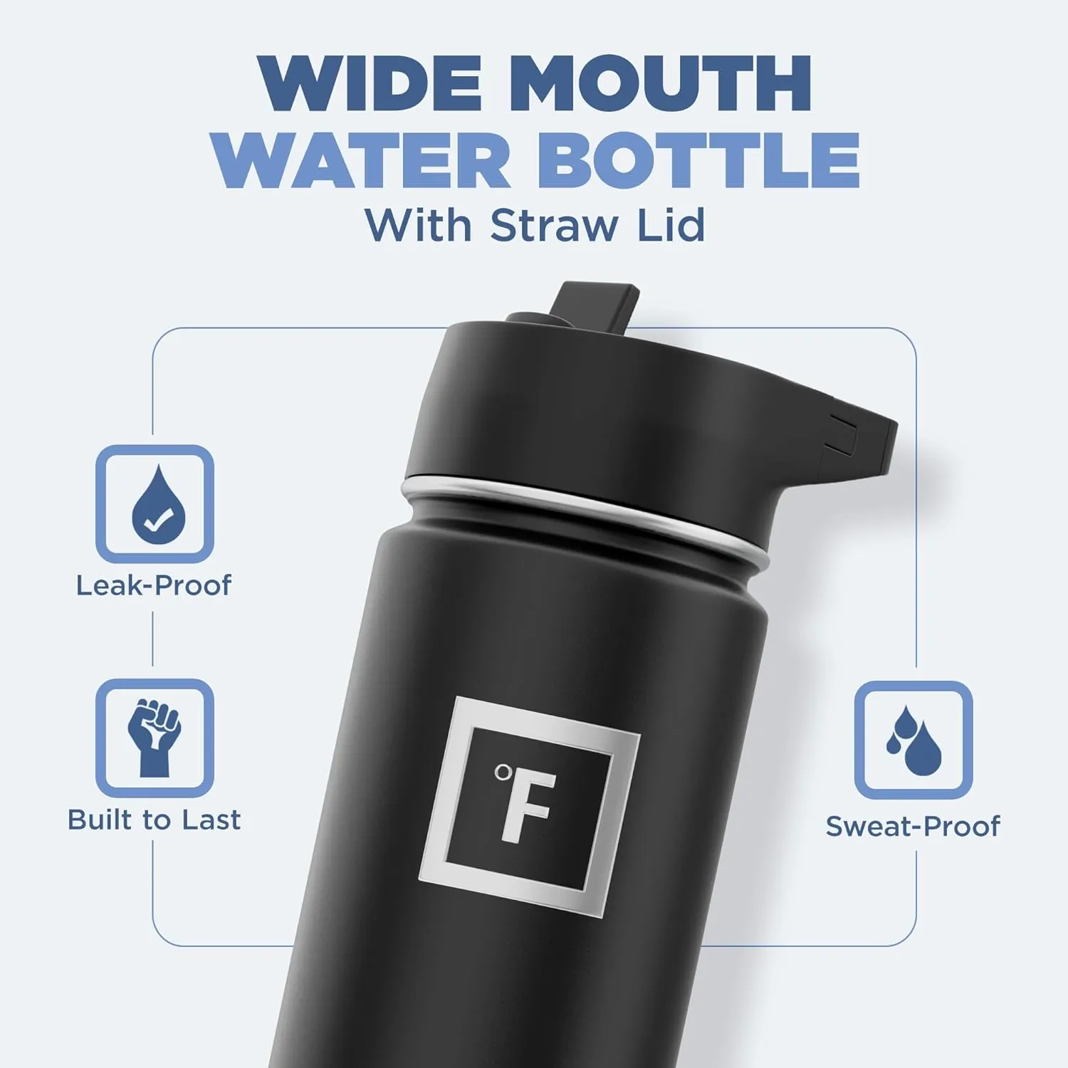 IRON FLASK Camping & Hiking Hydration Flask with 3 Lids - Stainless Steel, Double Walled & Vacuum Insulated Water Bottle - Leak Proof & BPA Free (Midnight Black, Straw - 22 oz)