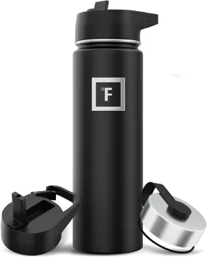 IRON FLASK Camping & Hiking Hydration Flask with 3 Lids - Stainless Steel, Double Walled & Vacuum Insulated Water Bottle - Leak Proof & BPA Free (Midnight Black, Straw - 22 oz)