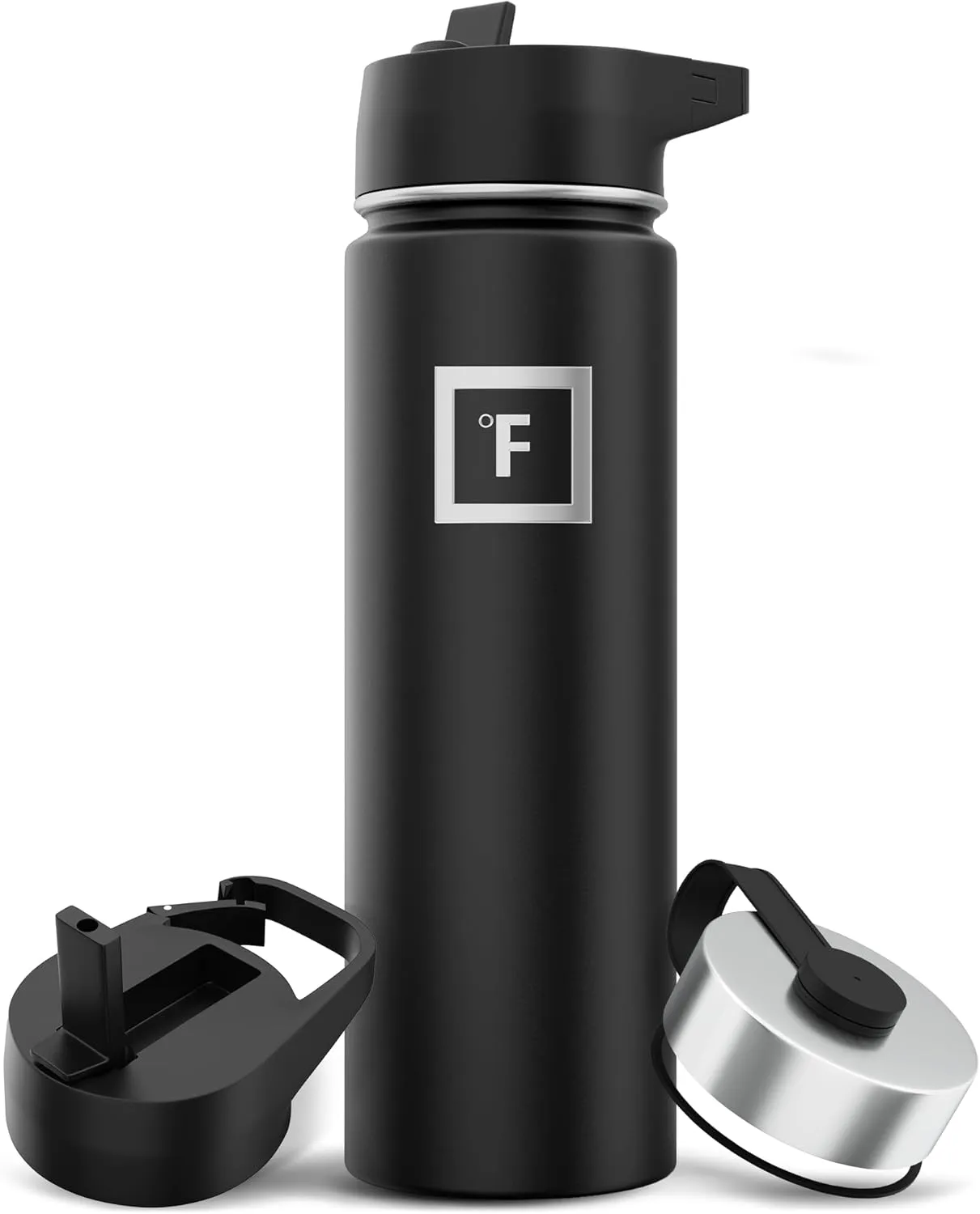 IRON FLASK Camping & Hiking Hydration Flask with 3 Lids - Stainless Steel, Double Walled & Vacuum Insulated Water Bottle - Leak Proof & BPA Free (Midnight Black, Straw - 22 oz)