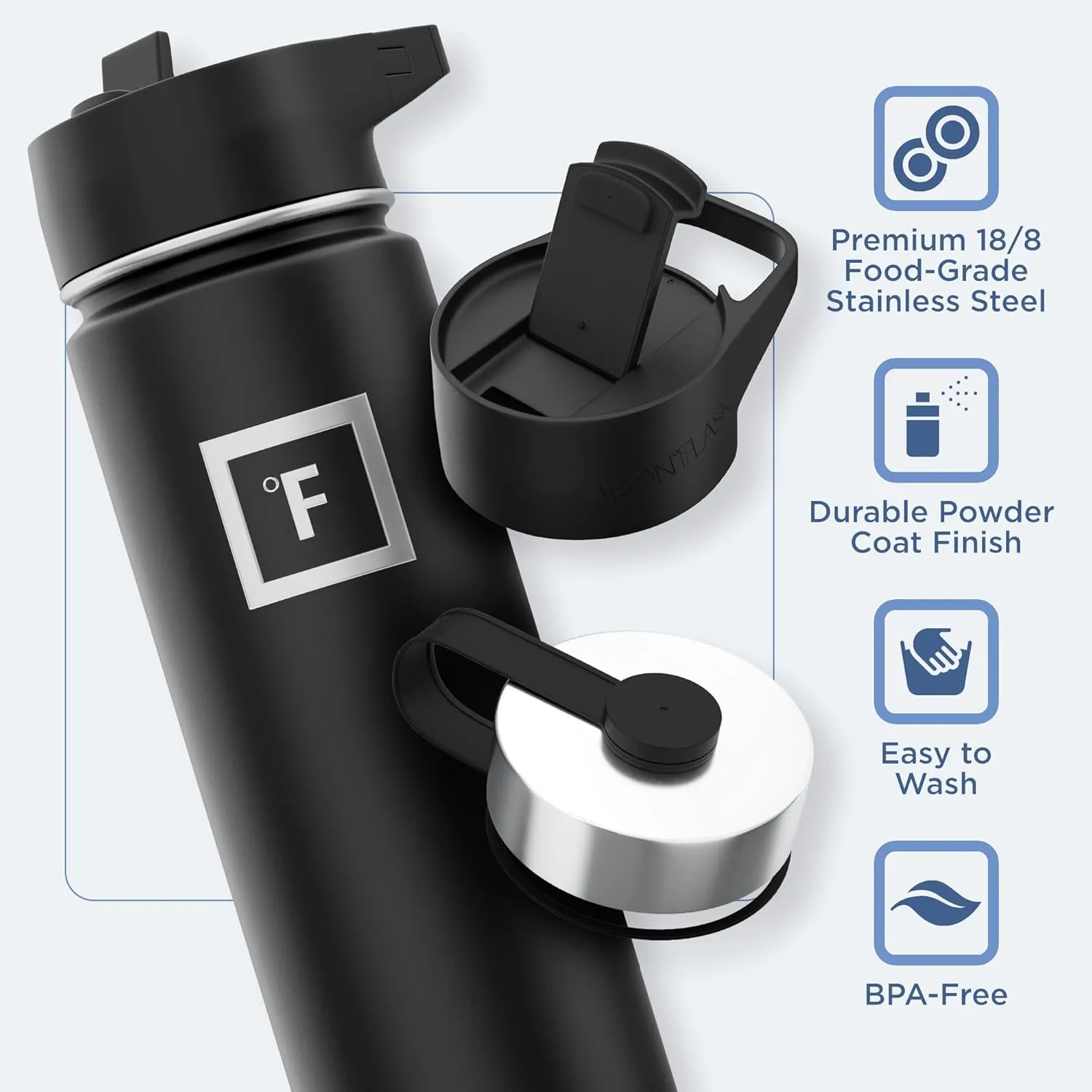 IRON FLASK Camping & Hiking Hydration Flask with 3 Lids - Stainless Steel, Double Walled & Vacuum Insulated Water Bottle - Leak Proof & BPA Free (Midnight Black, Straw - 22 oz)