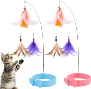 KALAMANDA Cat Collar Toy with Long Metal Rod, Upgraded Cat Feather Neck Collar Toy with 6 Replacement Refills, Interactive Self Playing Toys with Bell for Indoor Kittens Small Animals