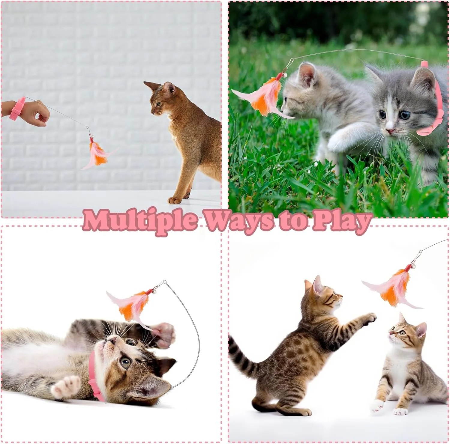 KALAMANDA Cat Collar Toy with Long Metal Rod, Upgraded Cat Feather Neck Collar Toy with 6 Replacement Refills, Interactive Self Playing Toys with Bell for Indoor Kittens Small Animals