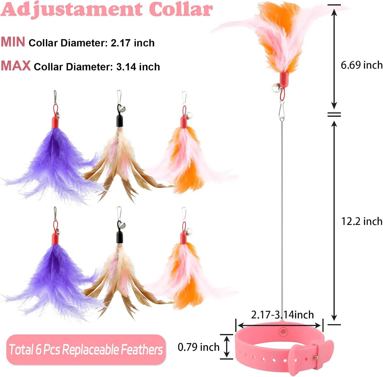 KALAMANDA Cat Collar Toy with Long Metal Rod, Upgraded Cat Feather Neck Collar Toy with 6 Replacement Refills, Interactive Self Playing Toys with Bell for Indoor Kittens Small Animals