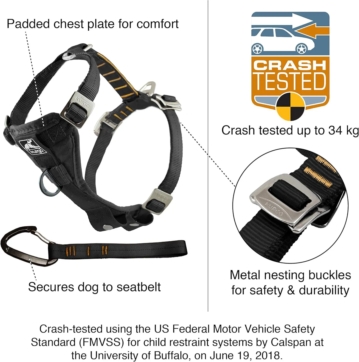 Kurgo Tru-Fit Enhanced Strength Dog Harness - Certified Crash Tested Car Safety Harness for Dogs - Metal Buckles, Padded Chest - Includes Pet Seatbelt - No Pull Training - Black, Extra Small