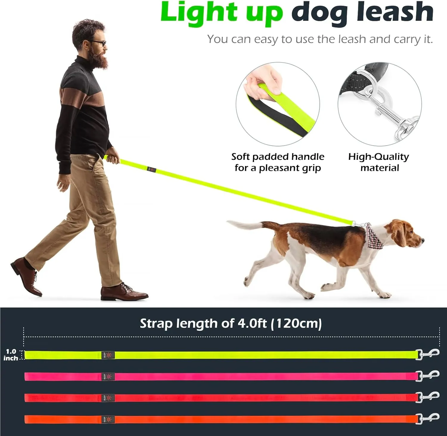 LED Dog Leash Light Up 4 Feet Micro USB Rechargeable Nylon Webbing Glow Safety Standard by Bpawser (Green)