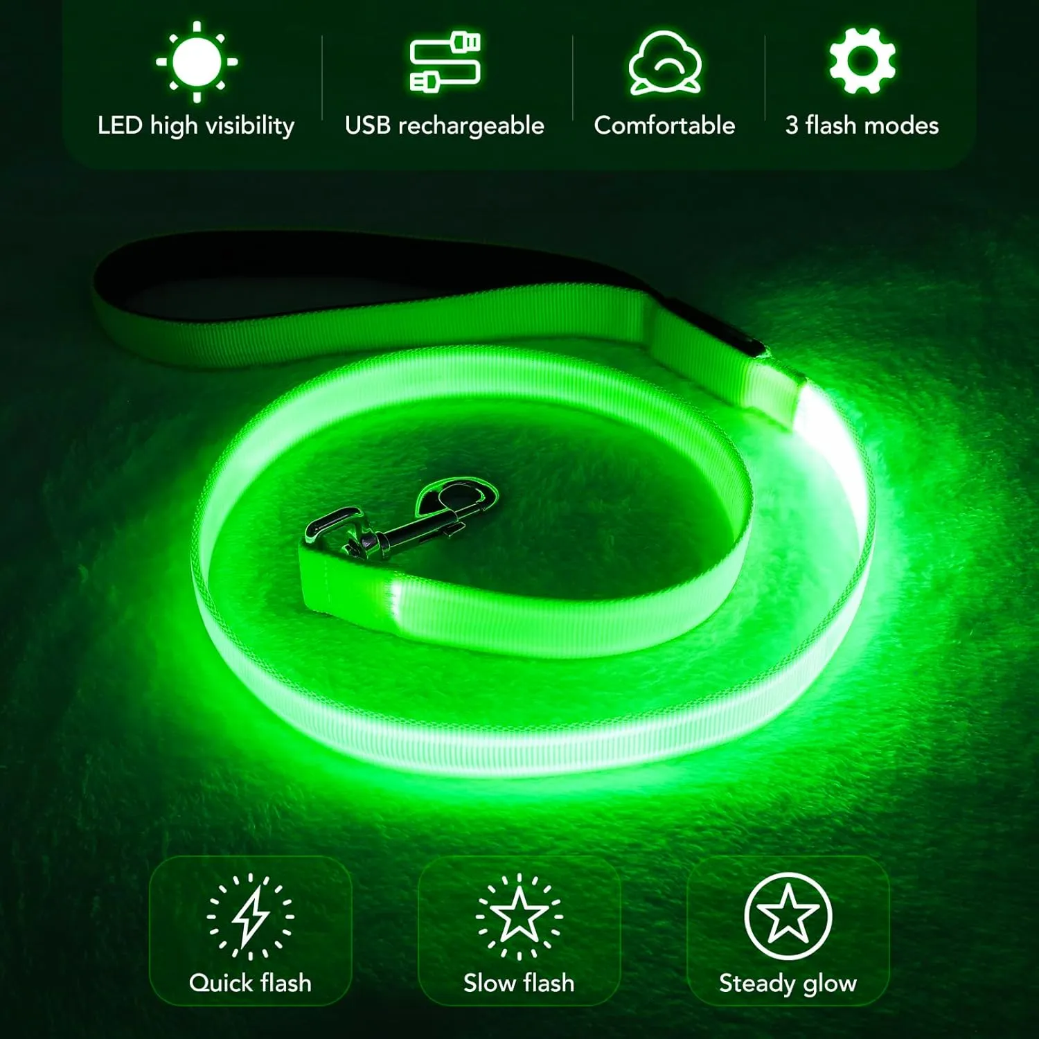 LED Dog Leash Light Up 4 Feet Micro USB Rechargeable Nylon Webbing Glow Safety Standard by Bpawser (Green)