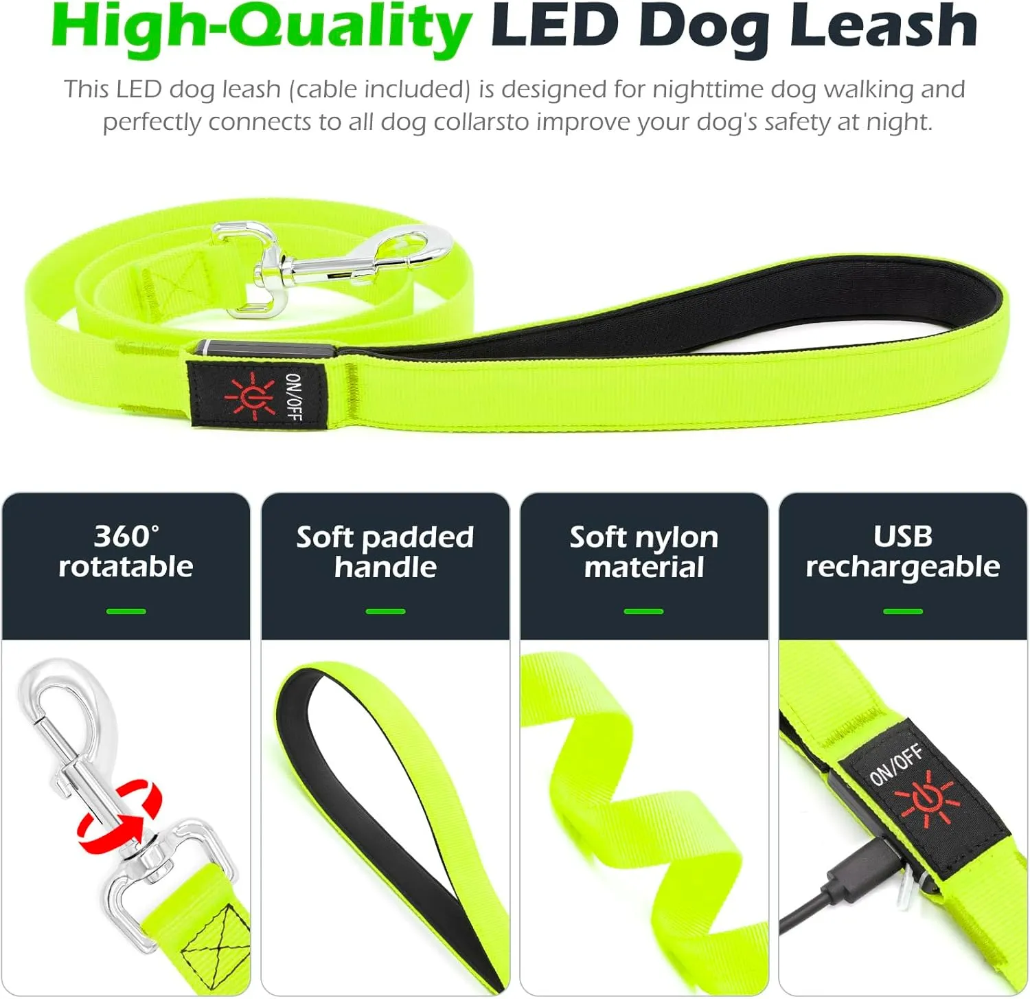 LED Dog Leash Light Up 4 Feet Micro USB Rechargeable Nylon Webbing Glow Safety Standard by Bpawser (Green)