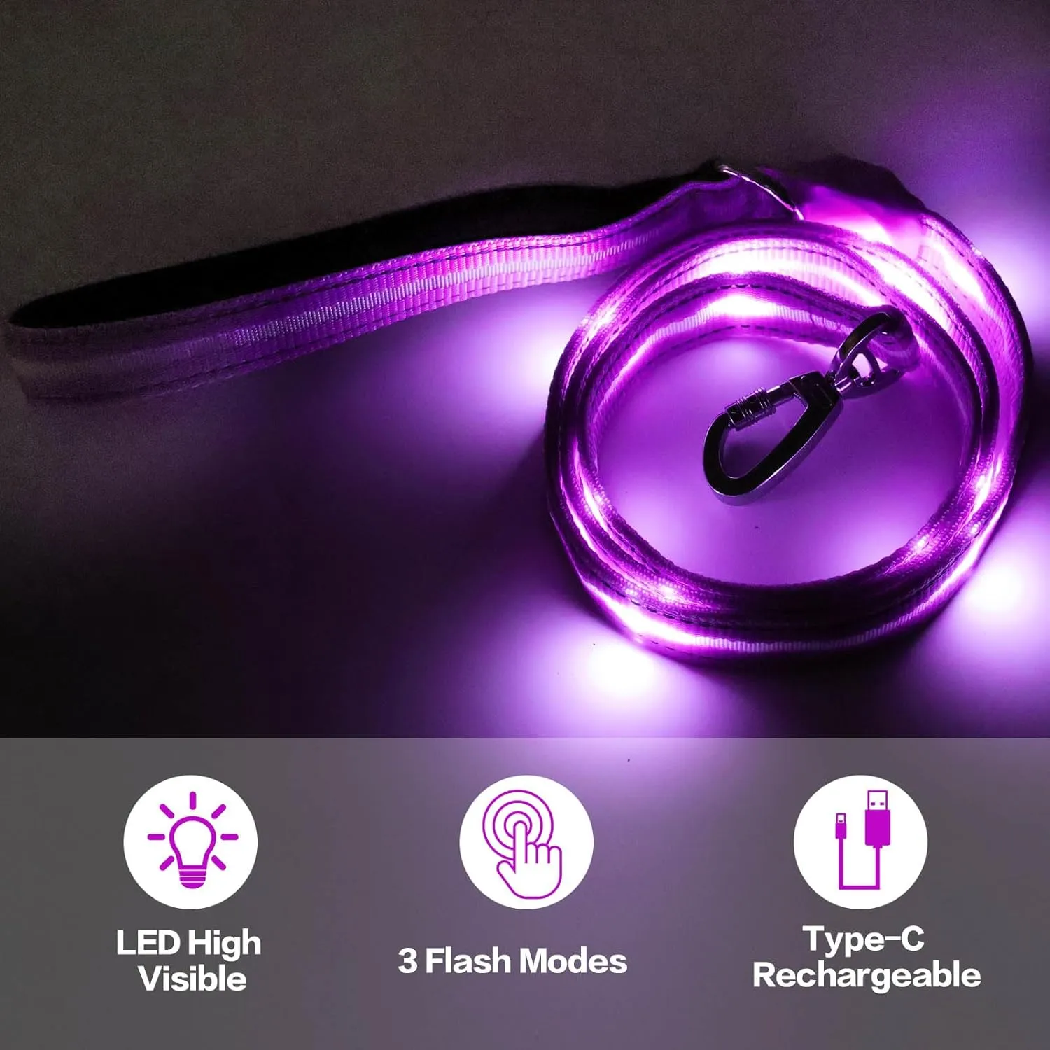 LED Light Up Dog Leash, 5 Ft Rechargeable Lighted Glowing Dog Leash with 3 Flash Modes Night Walking Safety, Nylon Waterproof Reflective Leashes with Padded Handle for Small Medium Large Pet