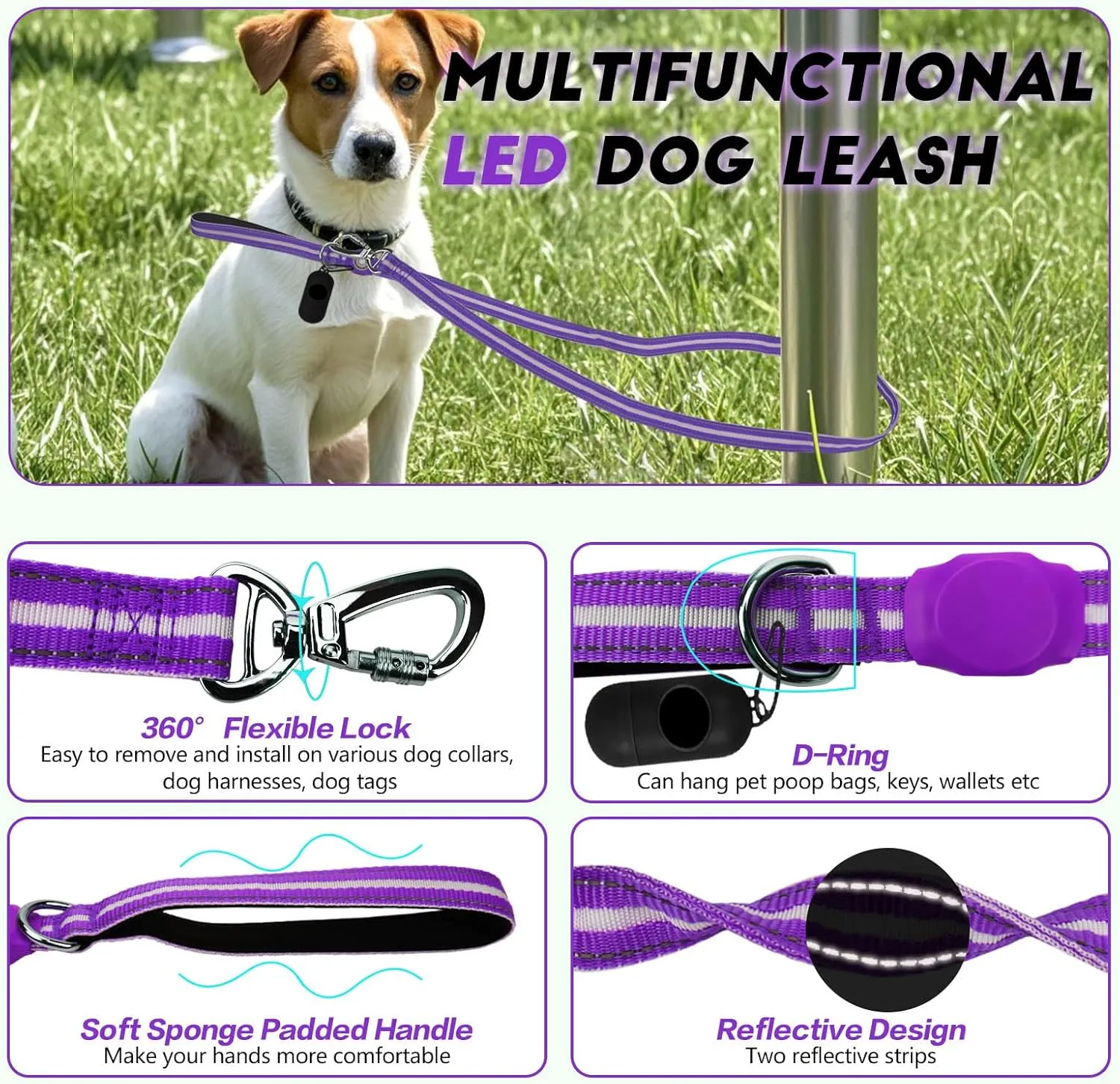 LED Light Up Dog Leash, 5 Ft Rechargeable Lighted Glowing Dog Leash with 3 Flash Modes Night Walking Safety, Nylon Waterproof Reflective Leashes with Padded Handle for Small Medium Large Pet