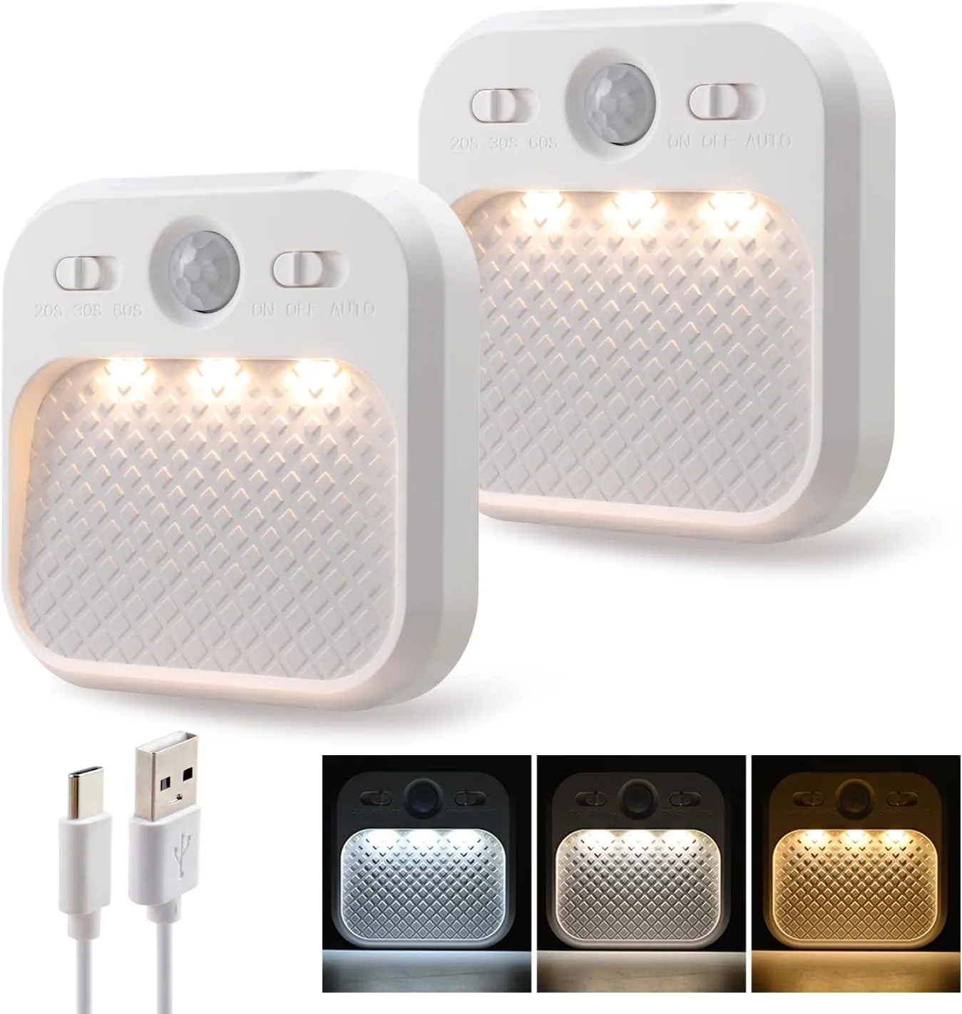 Led Night Light with Motion Detector 2 Pack, Cabinet Light Dimmable with Timer Function, Staircase Lighting 3 Color Temperature 3000/4500/6000K, Hallway Light Rechargeable 600mAh for Children's Room