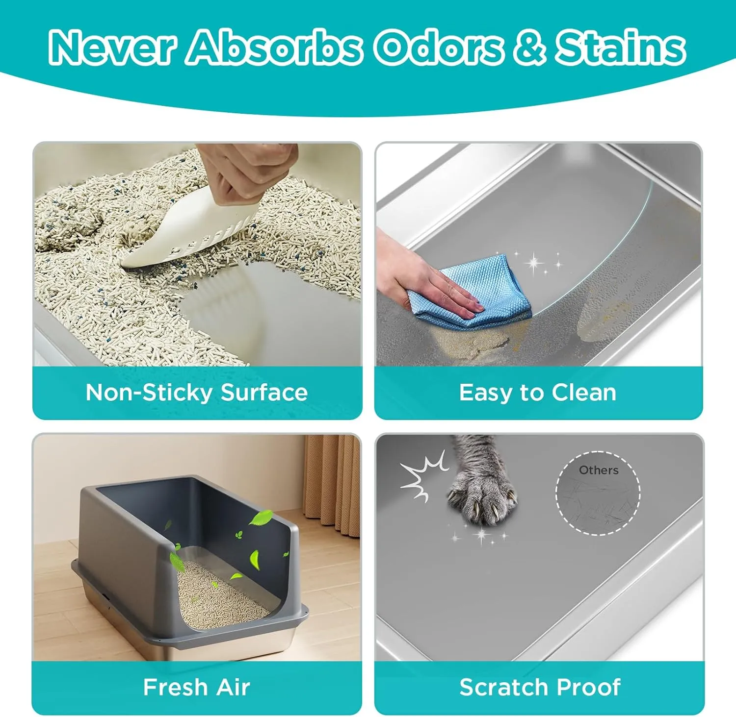 LIHONG Stainless Steel Litter Box with Lid, XL Metal Cat Litter Pan, Non-Sticky Large Kitty Box, Anti-Leakage, 23.5" X 15.6" X 12"