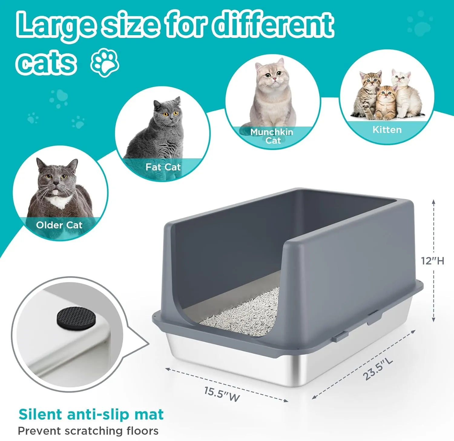 LIHONG Stainless Steel Litter Box with Lid, XL Metal Cat Litter Pan, Non-Sticky Large Kitty Box, Anti-Leakage, 23.5" X 15.6" X 12"