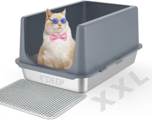 LIHONG Stainless Steel Litter Box with Lid, XL Metal Cat Litter Pan, Non-Sticky Large Kitty Box, Anti-Leakage, 23.5" X 15.6" X 12"