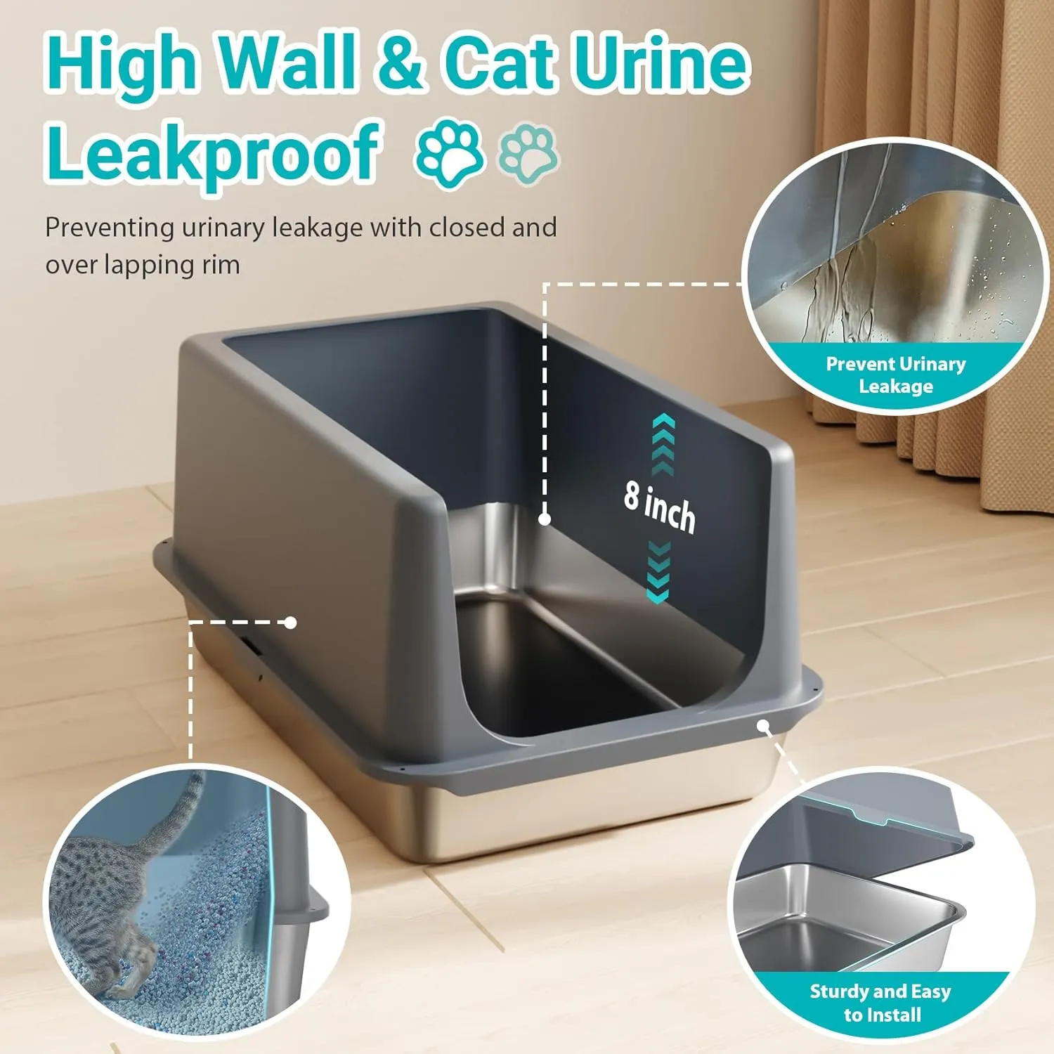 LIHONG Stainless Steel Litter Box with Lid, XL Metal Cat Litter Pan, Non-Sticky Large Kitty Box, Anti-Leakage, 23.5" X 15.6" X 12"