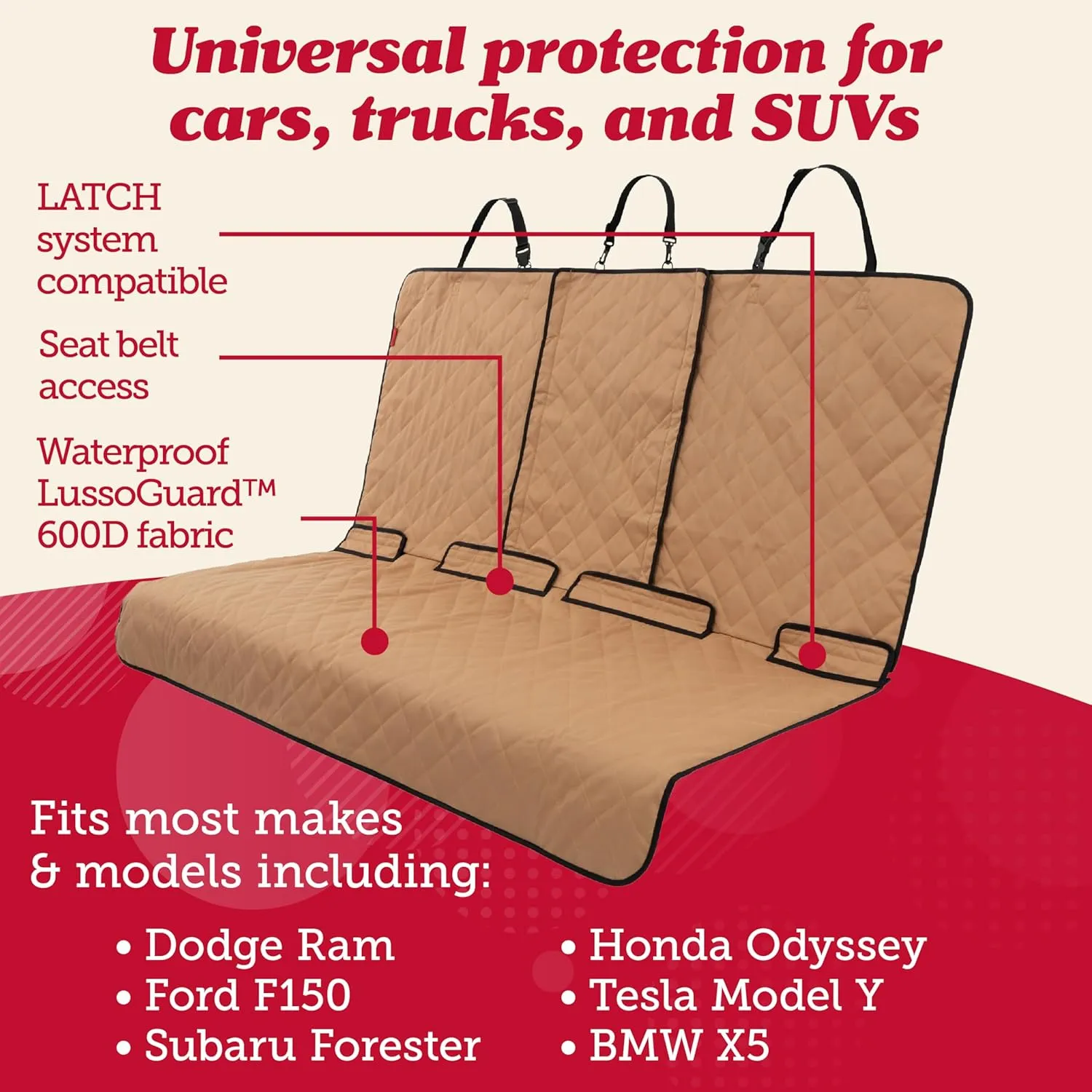 Lusso Gear Dog Car Seat Cover - Waterproof, Non-Slip Back Seat Protector - Tan Pet Liner for SUV & Truck - Backseat Cover for Dogs