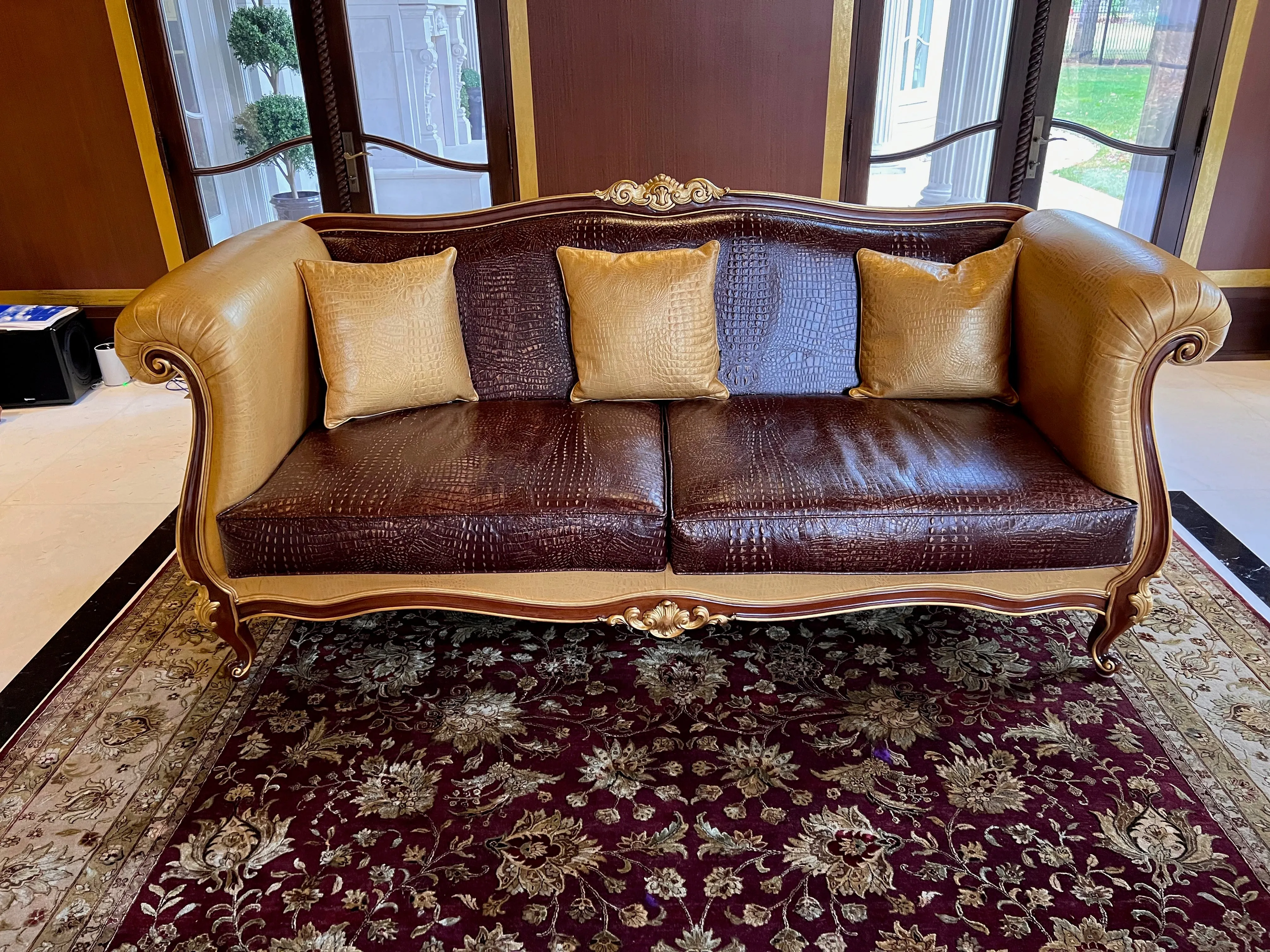 'Modenese Gastone Luxury Interiors' Baroque Leather Sofas, Walnut Finish with Gold Leaf Details, Made in Italy (*2 available- sold individually- select quantity) (*retail $19,000 each)