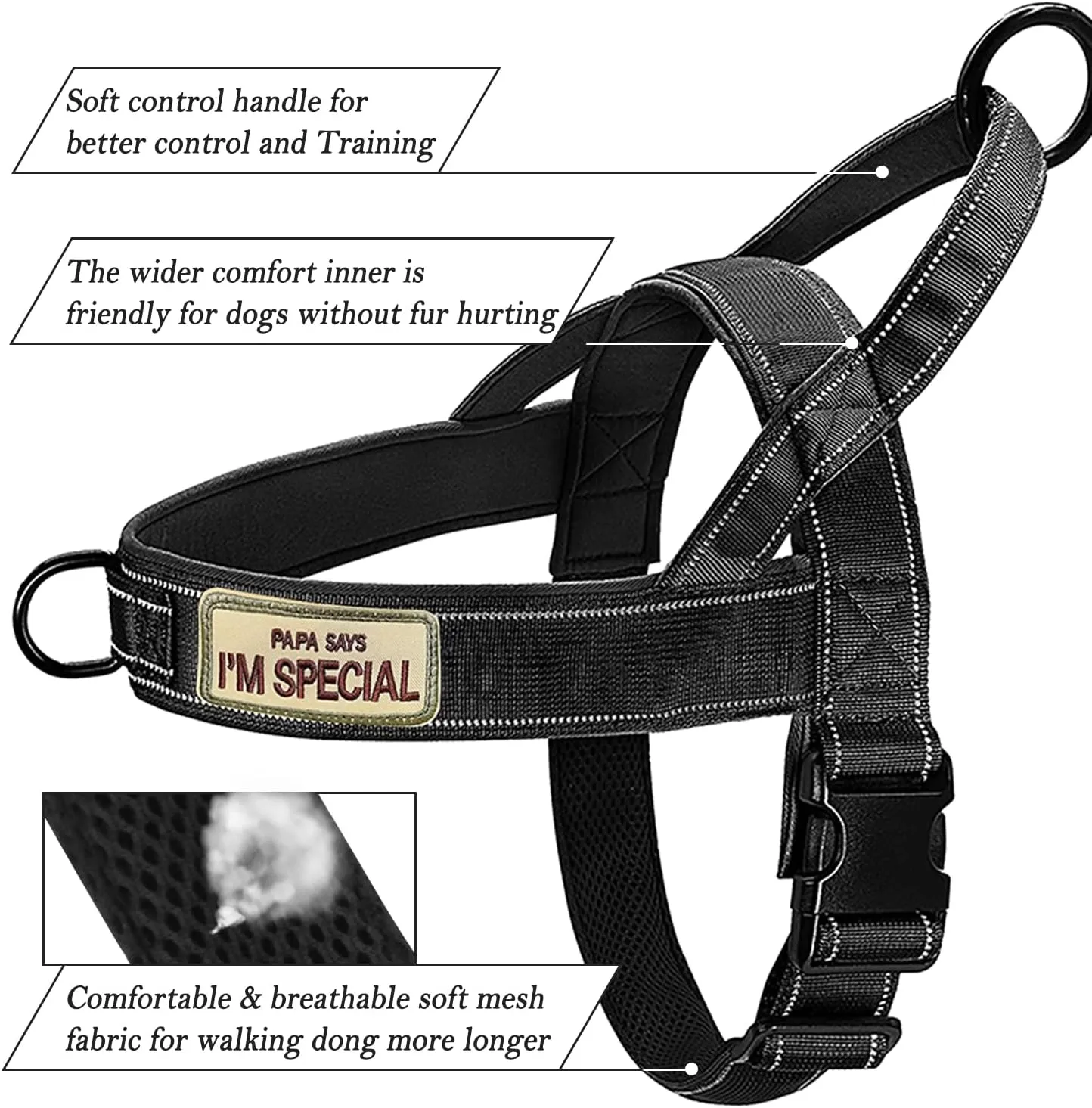 No Pull Dog Harness - Medium Large, Reflective, Escape Proof, Adjustable, Black