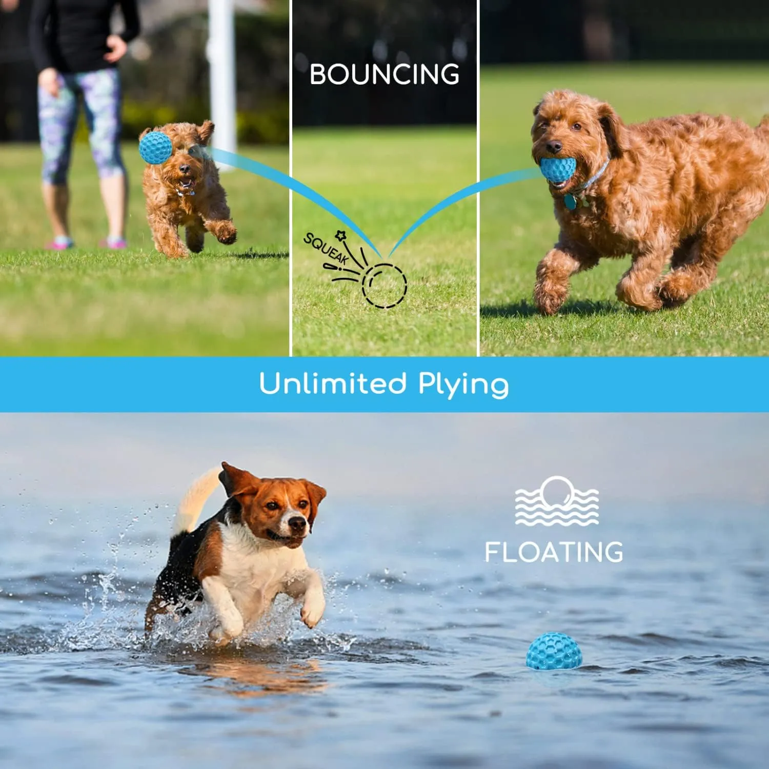 Nobleza Squeaky Dog Ball, Durable Bouncy Floatable Dog Balls for Chewing and Teeth Cleaning, Interactive Natural Rubber Lightweight Dog Toy Ball for Puppies and Small Dogs, 2.15 in, Blue