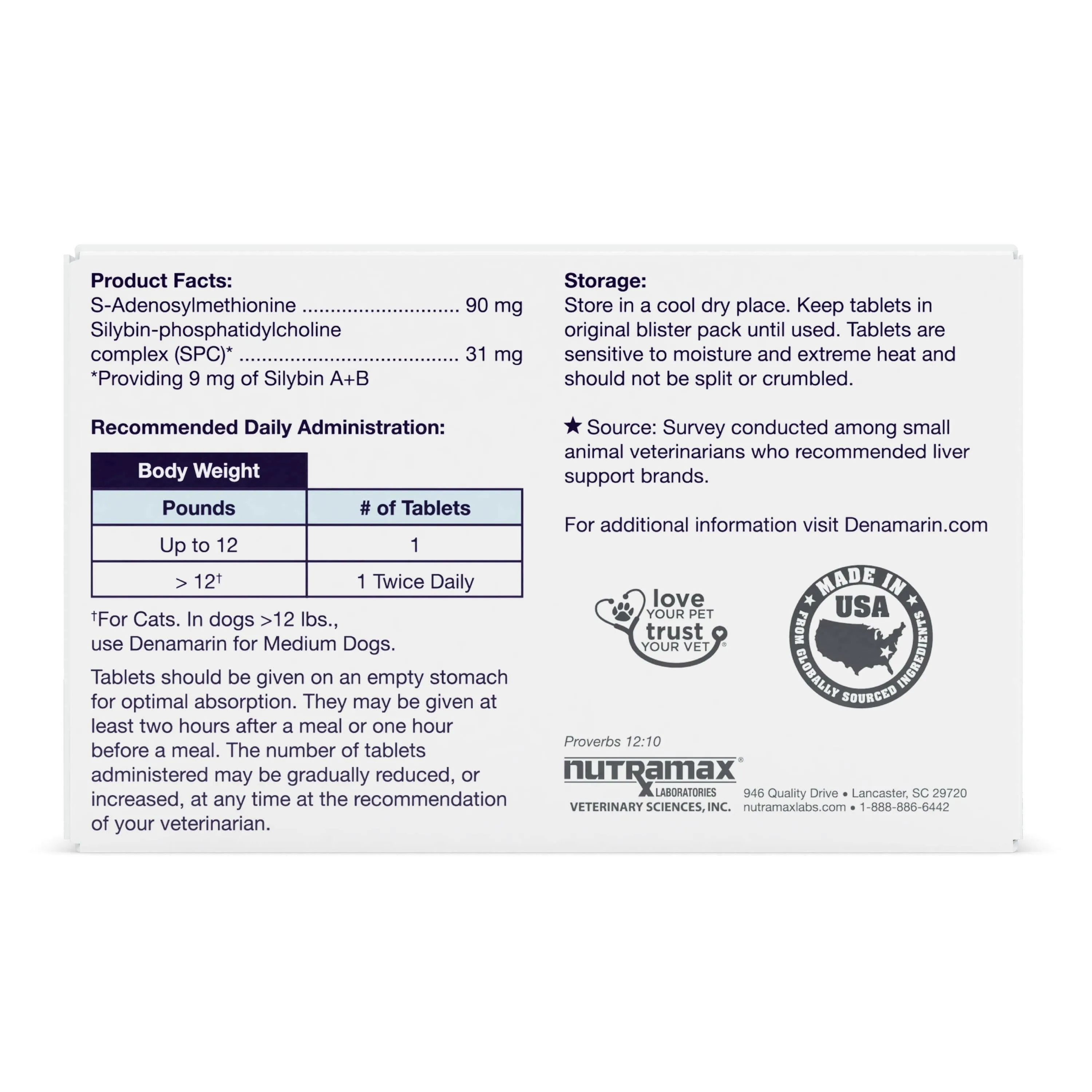 Nutramax Denamarin Liver Health Supplement for Small Dogs and Cats - With S-Adenosylmethionine (SAMe) and Silybin
