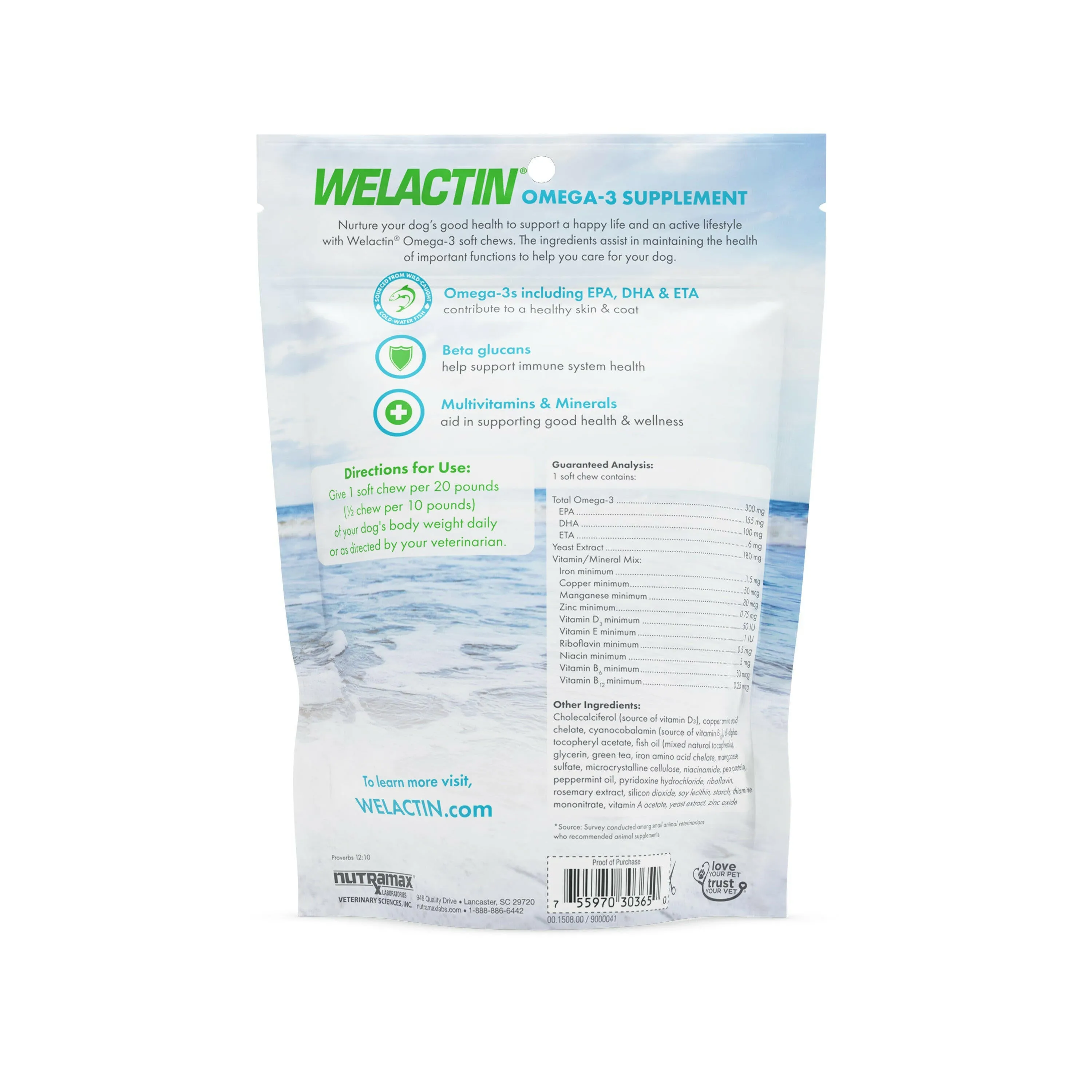 Nutramax Welactin Daily Omega-3 Supplement For Dogs, Skin & Coat Health Plus Overall Health, 60 Soft Chews