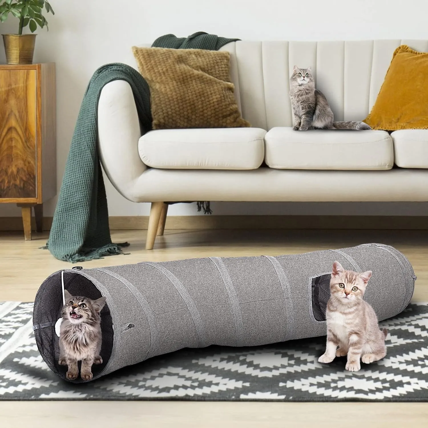 Ownpets Cat Tunnel Sturdy Oxford Fabric Cat Tunnel Toy, S-Shape Collapsible Cat Tunnels for Indoor Cats,Interactive Peek Hole Pet Tunnel Tube with Cat Wand Toy