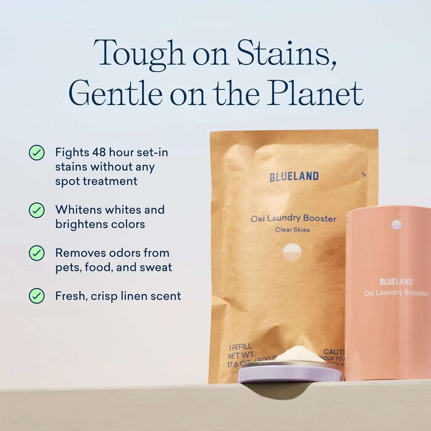 Oxi Laundry Booster Powder Starter Set - Plastic-Free & Eco Friendly Oxy Cleaner - Plant Based Stain Remover - Clear Skies Scented - 17.6Oz, 25 Loads