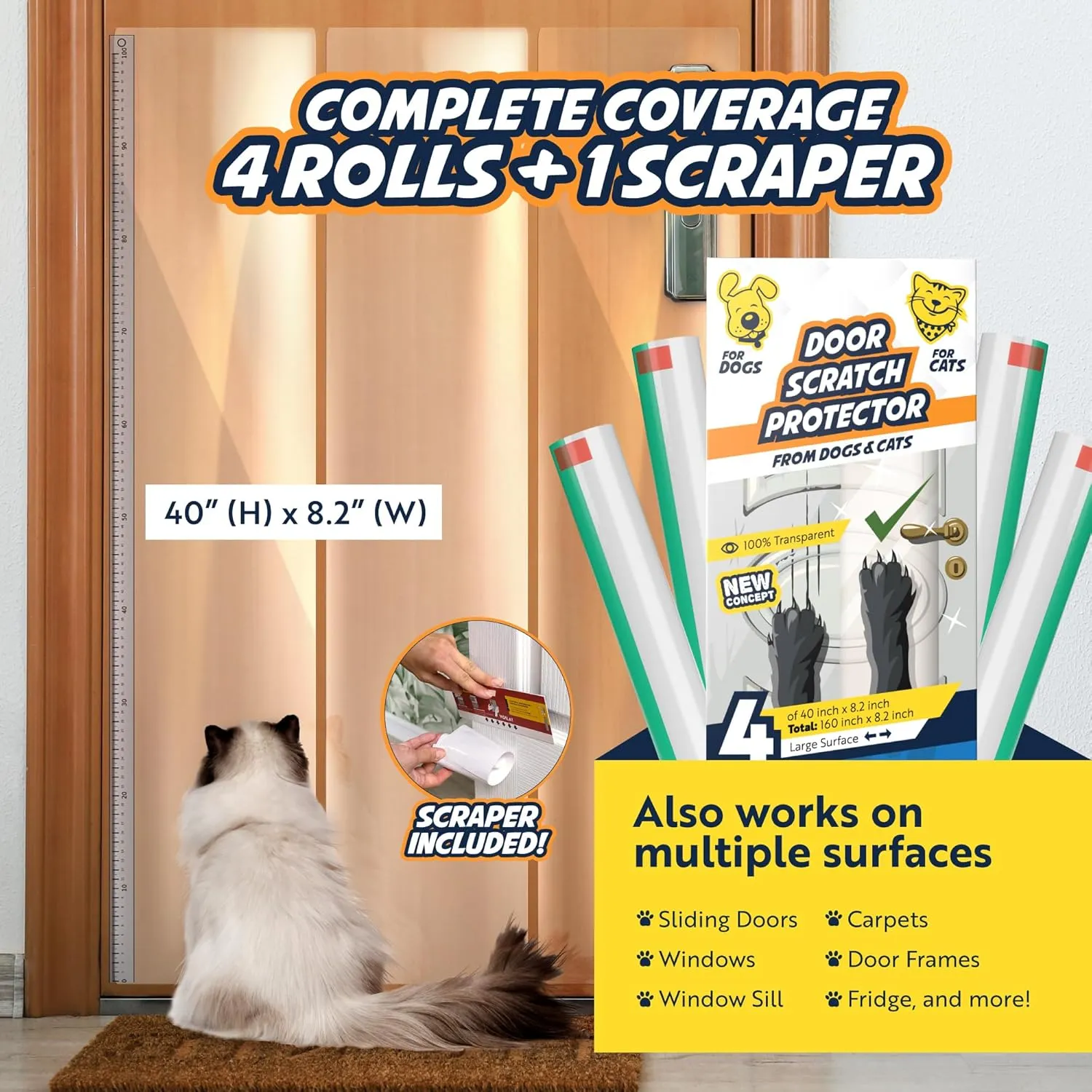 Panther Armor 4-Roll Door Protector from Dog & Cats Scratching - Anti Scratch Door Guards - Cat Scratch Door Frame Protector - Clear - 40" x 8.2"