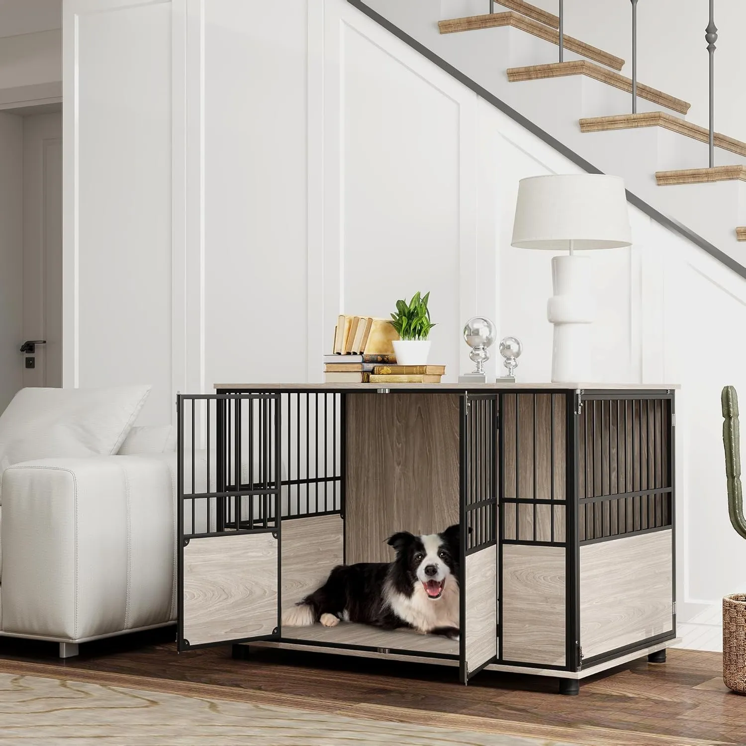 PawHut 46" Dog Crate Furniture End Table, Wooden Dog Kennel Indoor Pet House with 3 Doors, for Small to Large Dogs