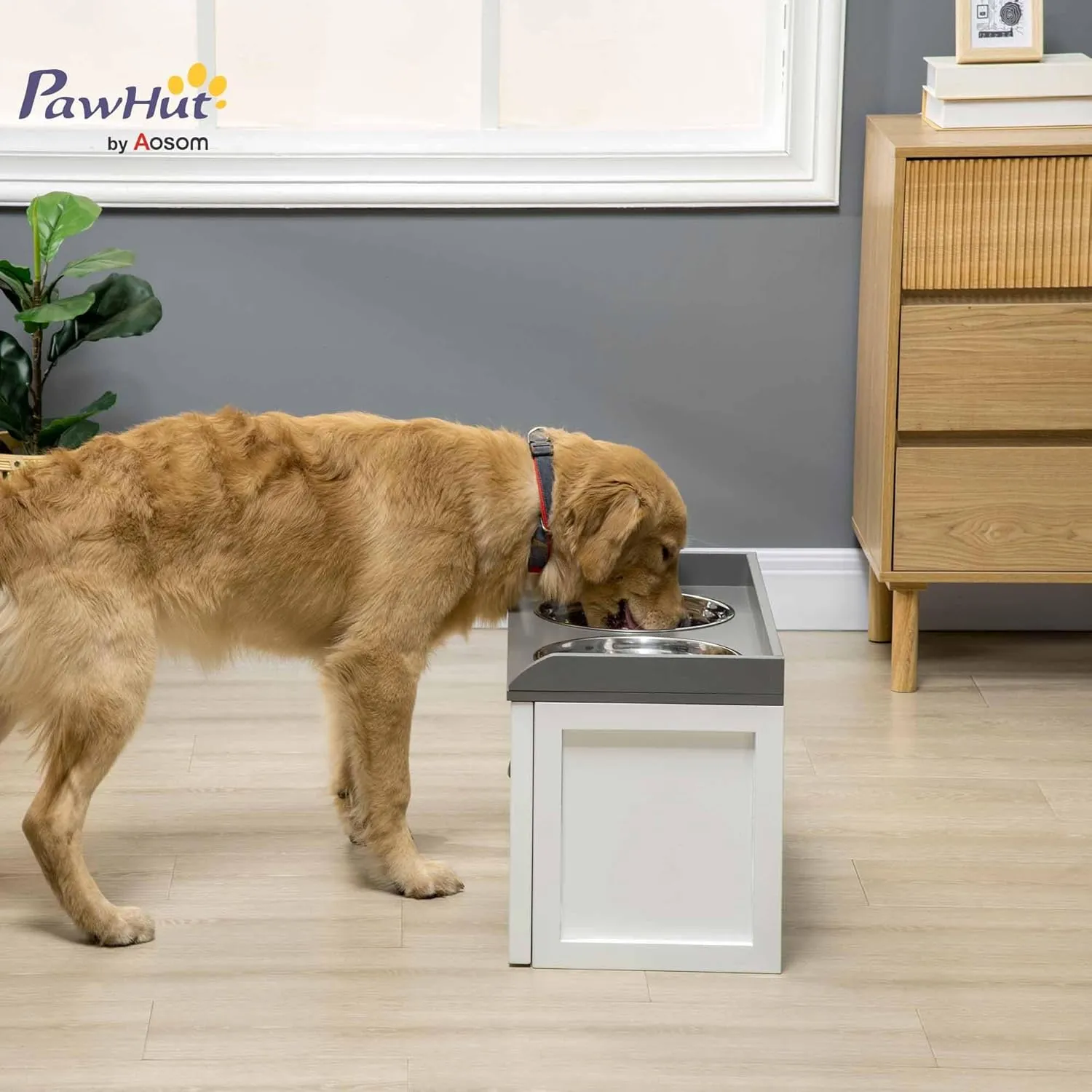 PawHut Large Elevated Dog Bowls with Storage Drawer Containing 21L Capacity, Raised Pet Feeding Station 2 Stainless Steel Grey,White