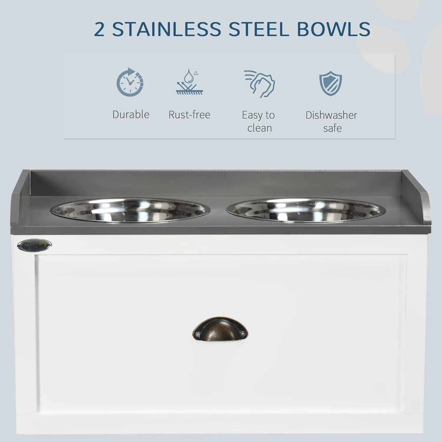 PawHut Large Elevated Dog Bowls with Storage Drawer Containing 21L Capacity, Raised Pet Feeding Station 2 Stainless Steel Grey,White