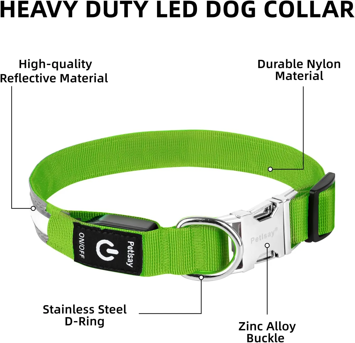 PetIsay Dog Light up Collar with Metal Buckle - Ultimate Reflective LED Dog Collar Rechargeable/Waterproof - Glow in The Dark Dog Collars for Night Walking, Camping, Foggy Weather(Green,Small)