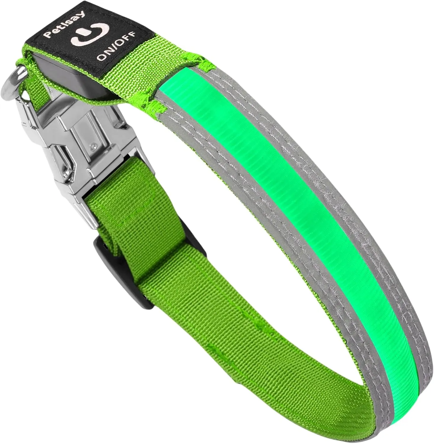 PetIsay Dog Light up Collar with Metal Buckle - Ultimate Reflective LED Dog Collar Rechargeable/Waterproof - Glow in The Dark Dog Collars for Night Walking, Camping, Foggy Weather(Green,Small)