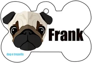 Pug Art Dog Pet Your OWN Name ID Tag Bone Shape Image PhotoPersonalized with Key Ring