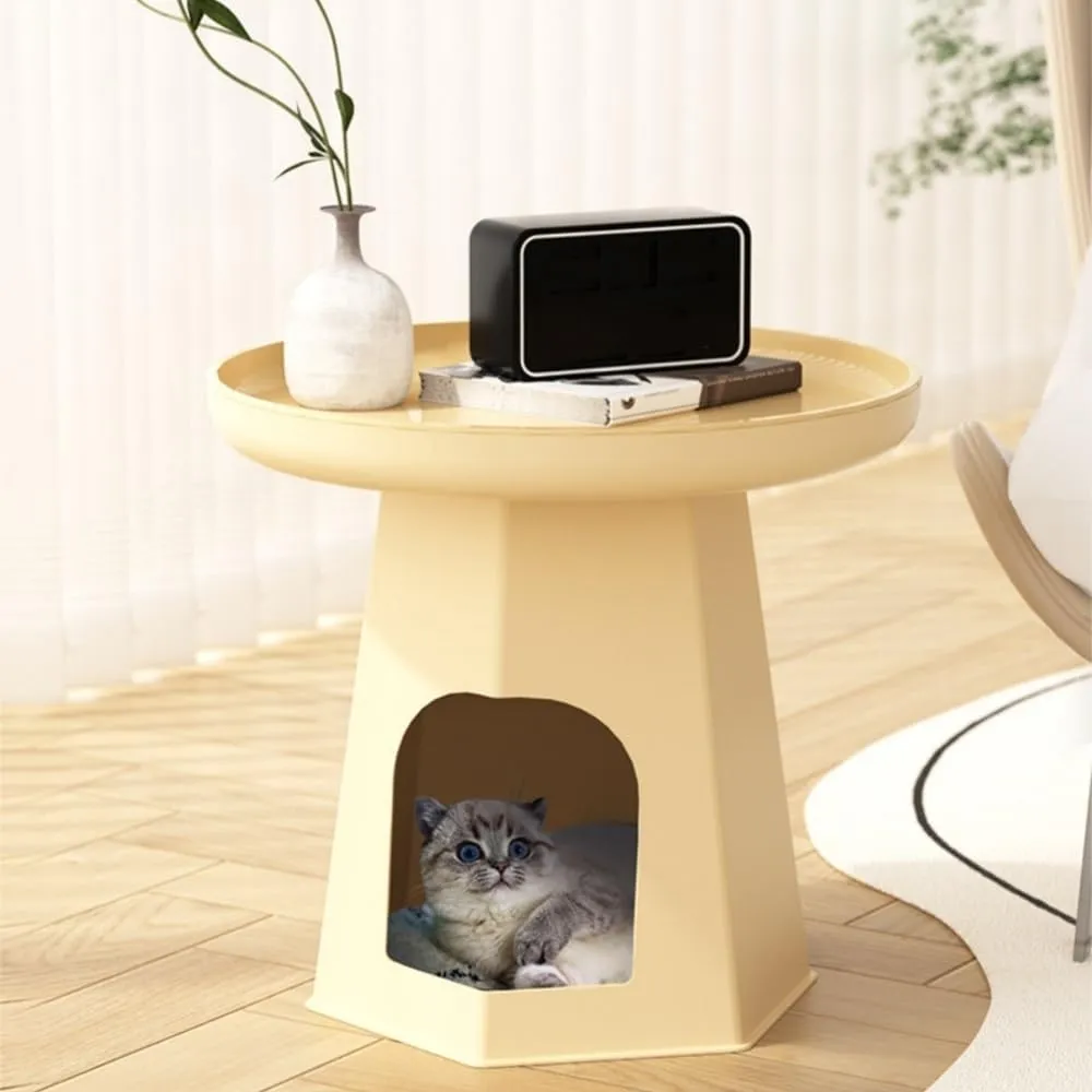 Round Cat Bed Coffee Table, Creative Side Table with Storage for Living Room or Bedroom, Nightstand, End Table and Bedside Table for Small Cats and Home Dcor(Beige)