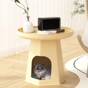 Round Cat Bed Coffee Table, Creative Side Table with Storage for Living Room or Bedroom, Nightstand, End Table and Bedside Table for Small Cats and Home Dcor(Beige)