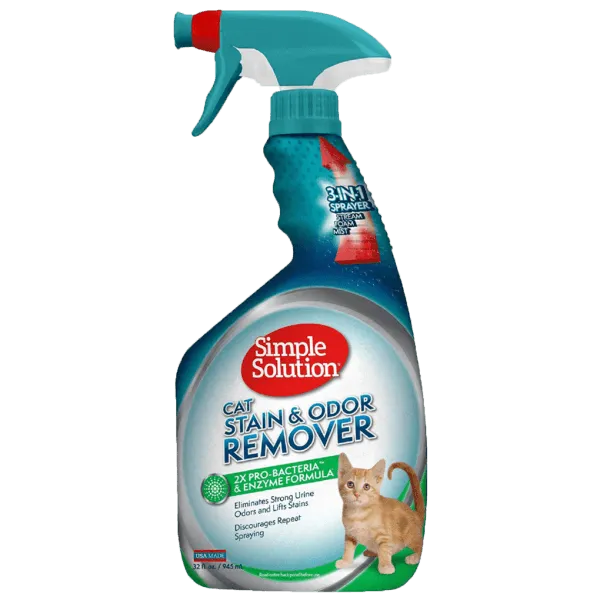 Simple Soltuion 3-in-1 cleaning and deodorizing spray for cats effectively decomposes cat excrement, urine stains, feces stains, vomit and other surfaces. 945ml