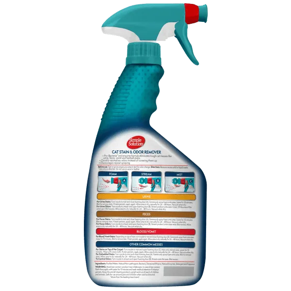 Simple Soltuion 3-in-1 cleaning and deodorizing spray for cats effectively decomposes cat excrement, urine stains, feces stains, vomit and other surfaces. 945ml
