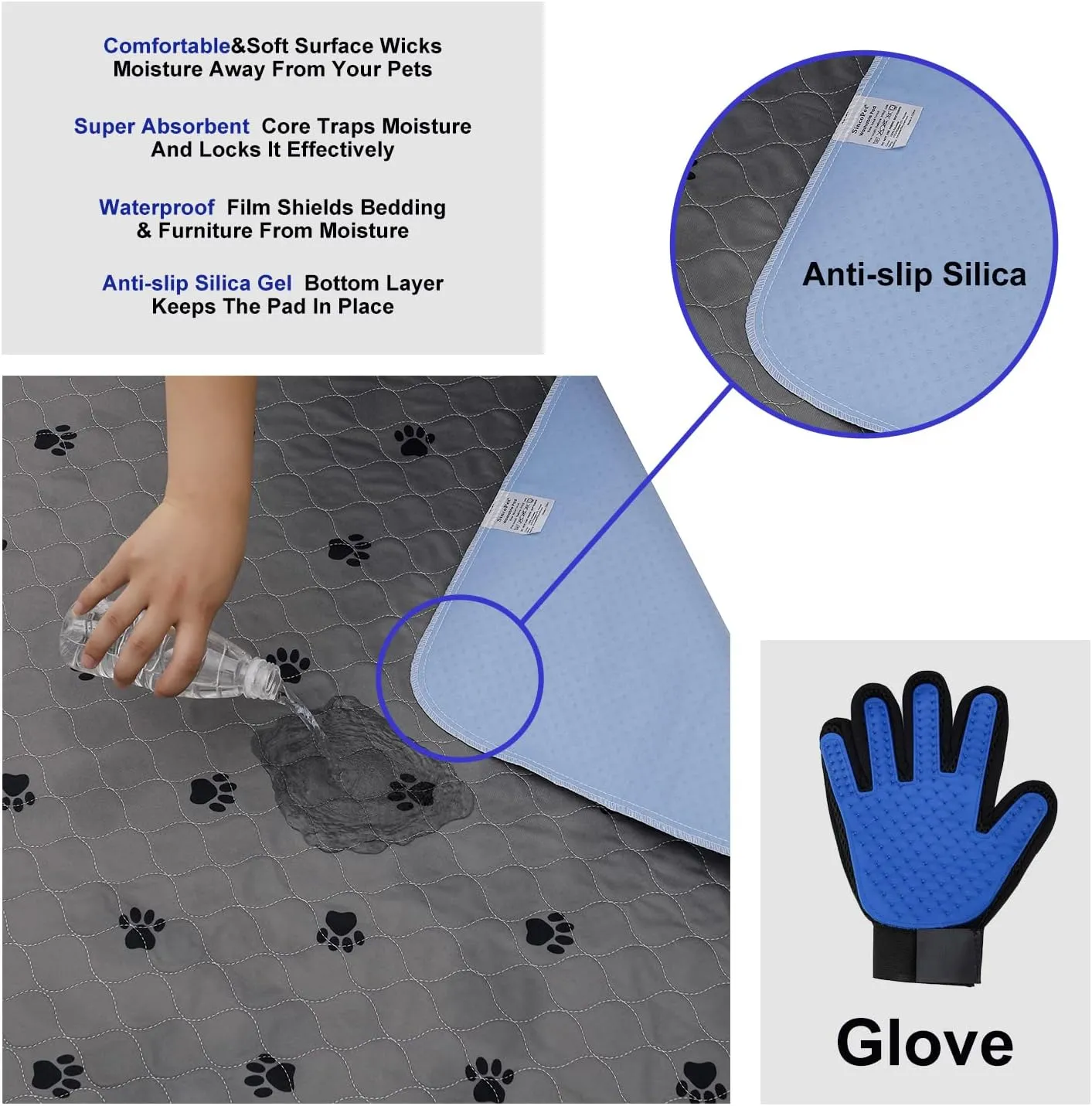 SincoPet Washable Pee Pads for Dogs   Free Puppy Grooming Gloves/Quilted, Fast Absorbing Machine Washable Dog Whelping Pad/Waterproof Puppy Training Pad/Housebreaking Absorption Pads