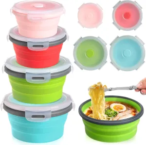 Suclain 4 Pcs Camping Bowl with Lid Collapsible Silicone Lunch Box Salad Bowl Expandable Food Storage Container Folding Travel Container for Hiking Camping(Red, Pink, Blue, Green,12, 17, 27, 41 oz)