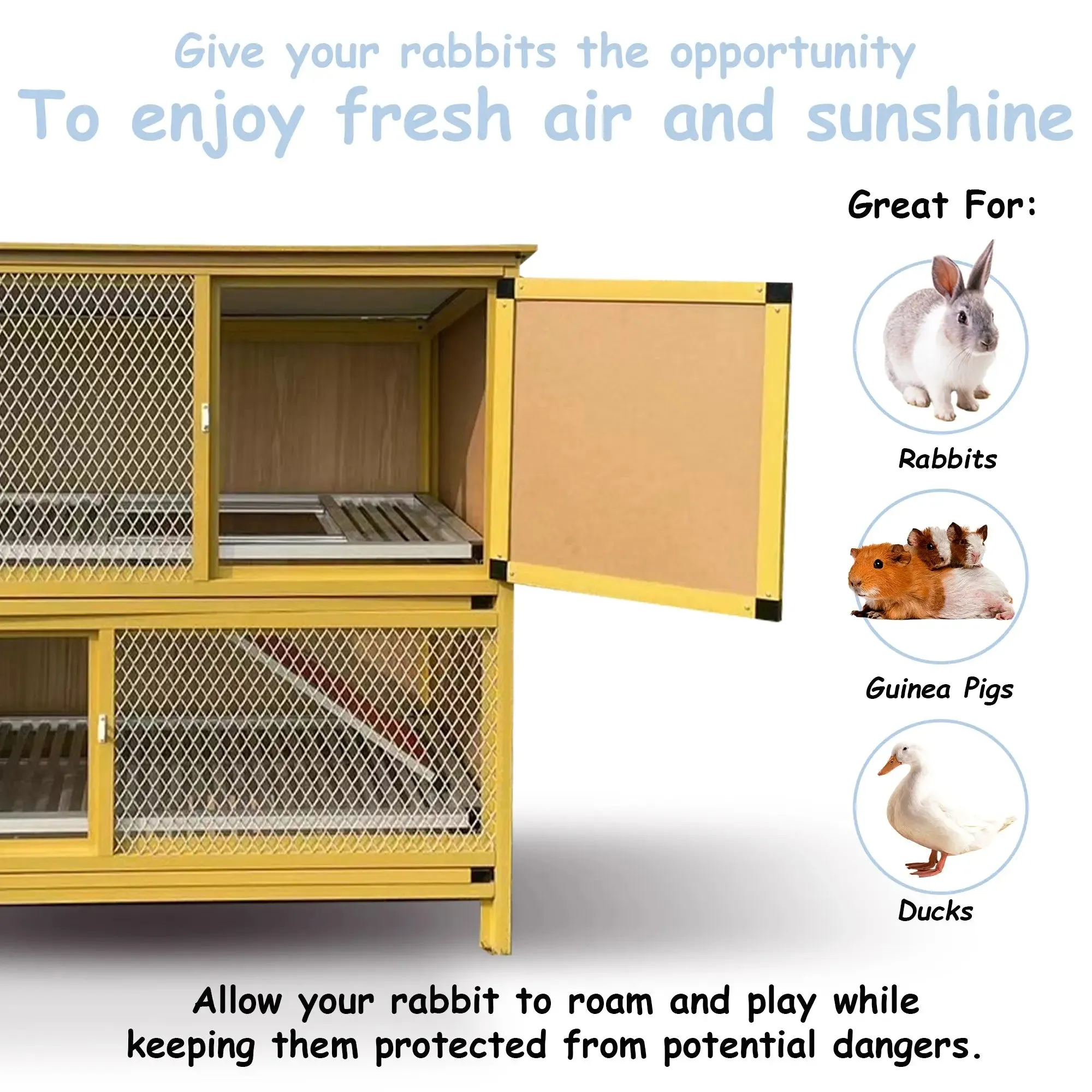 Talis-us Rabbit Hutch Small Animals Habitat with Ramp, Removable Tray, and Weatherproof Roof