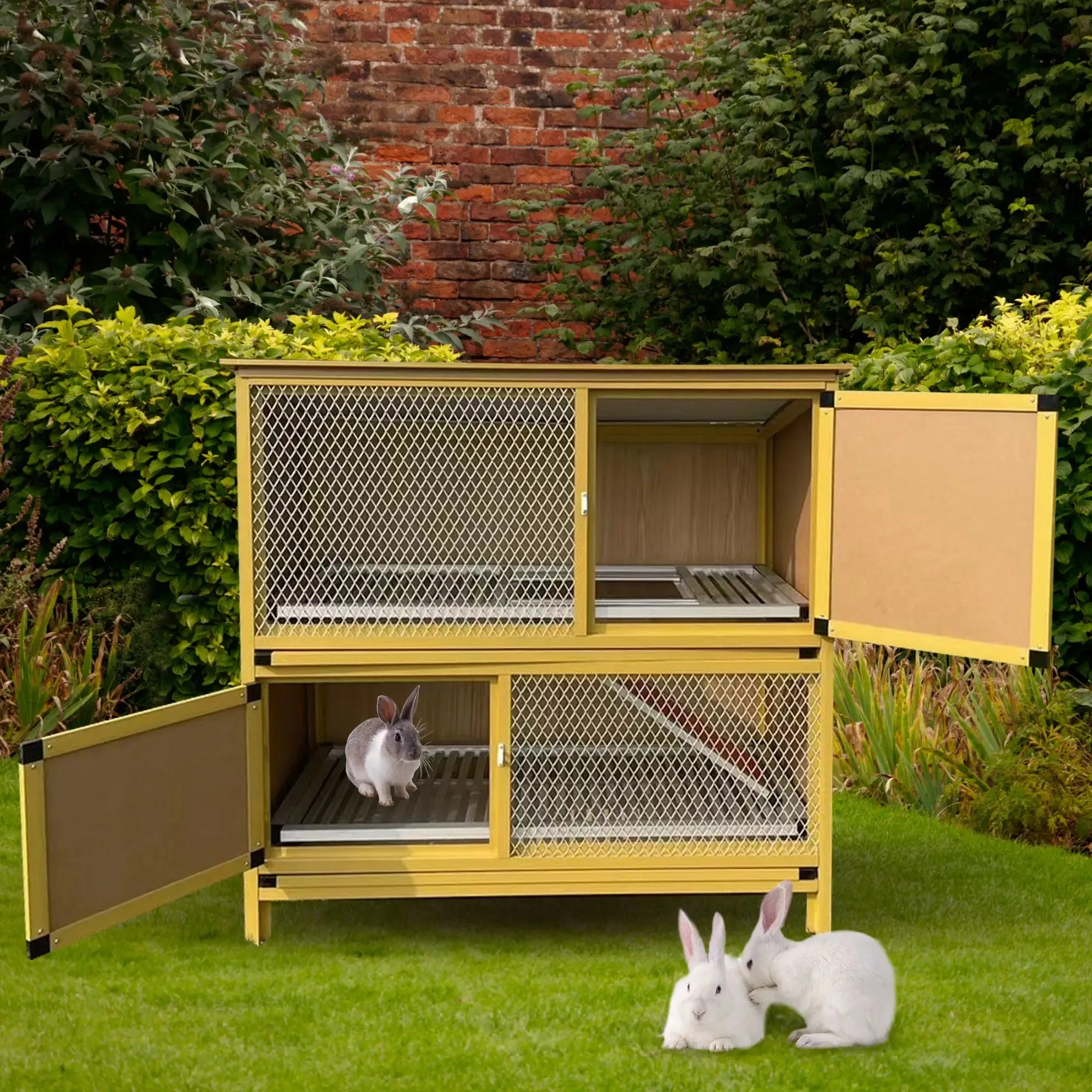 Talis-us Rabbit Hutch Small Animals Habitat with Ramp, Removable Tray, and Weatherproof Roof