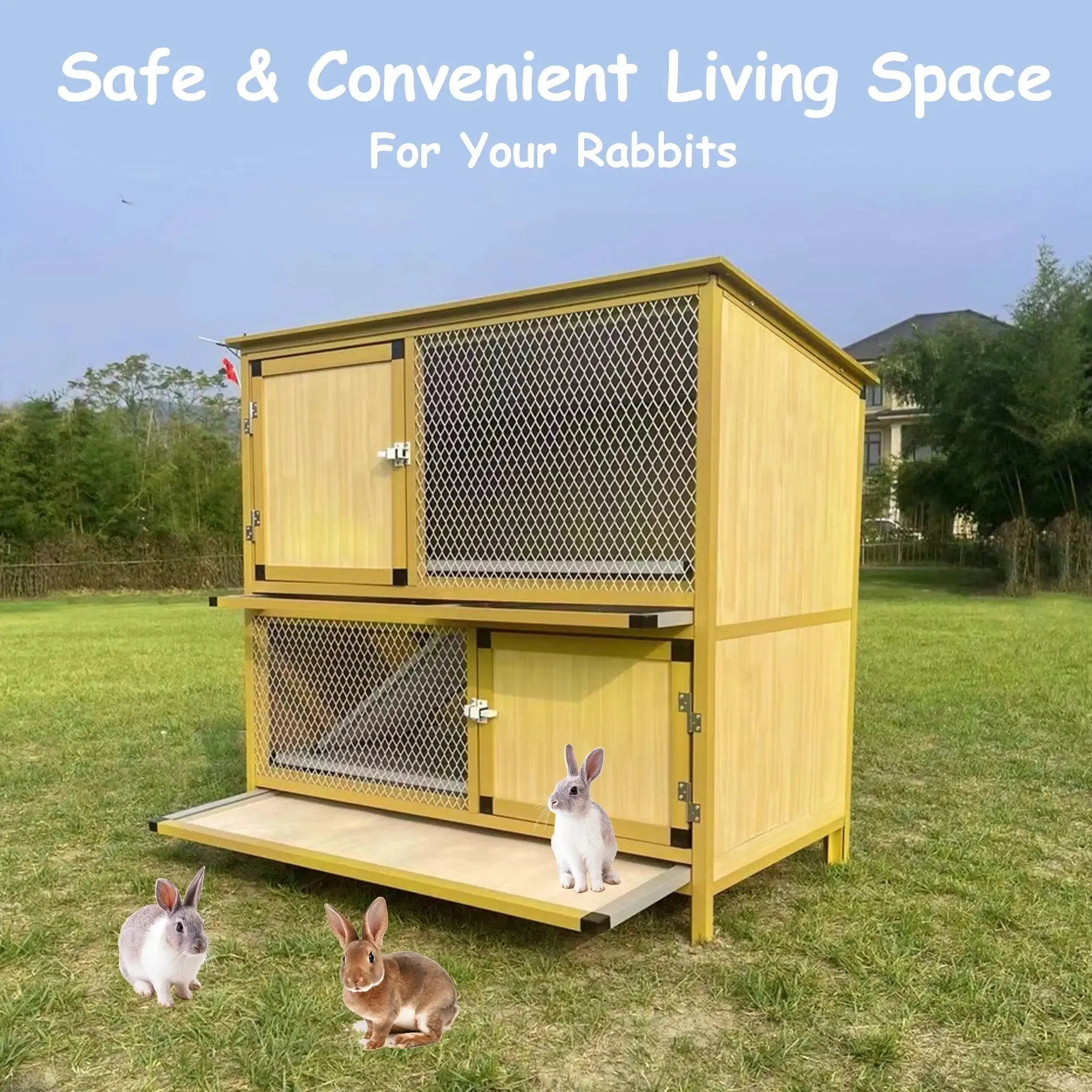 Talis-us Rabbit Hutch Small Animals Habitat with Ramp, Removable Tray, and Weatherproof Roof