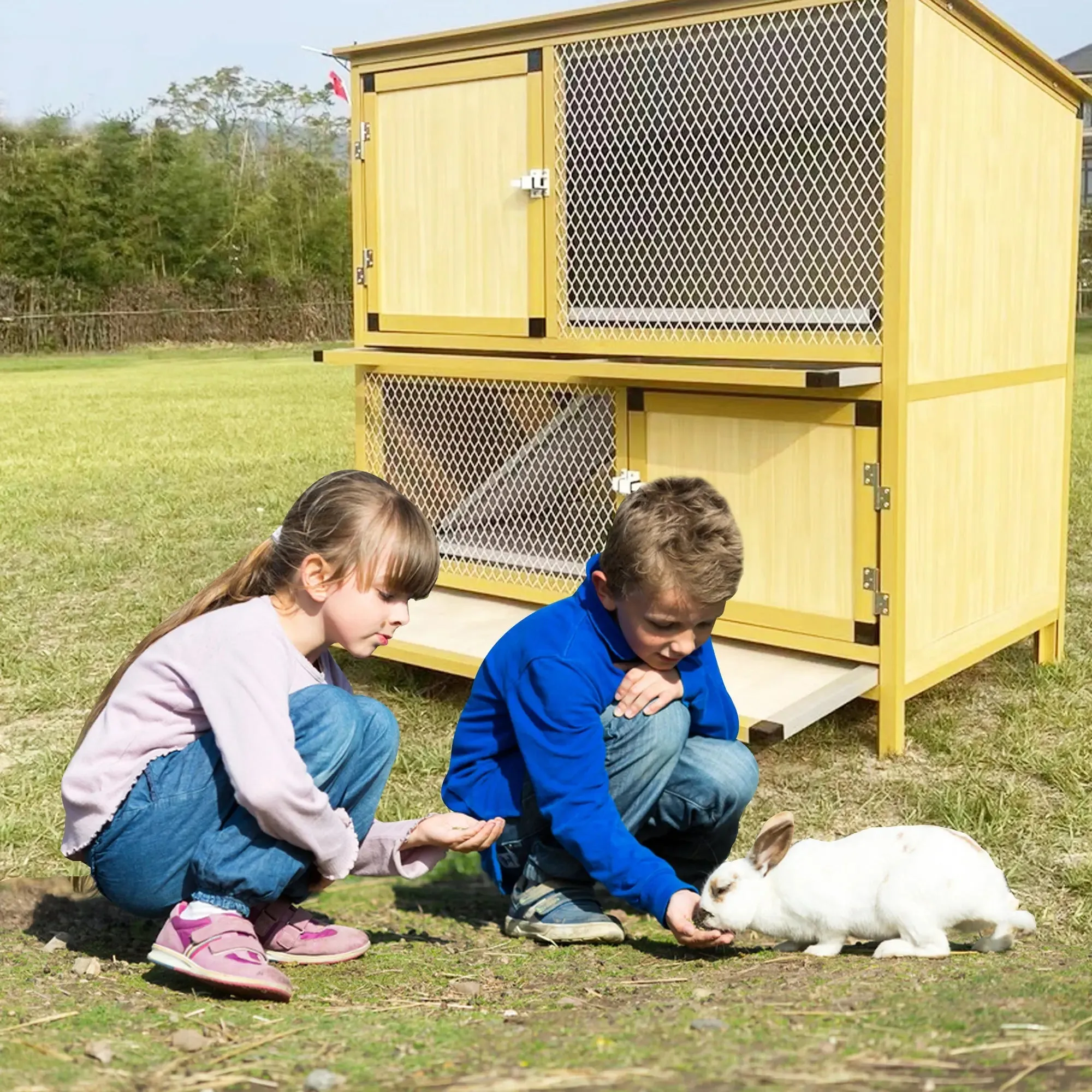 Talis-us Rabbit Hutch Small Animals Habitat with Ramp, Removable Tray, and Weatherproof Roof