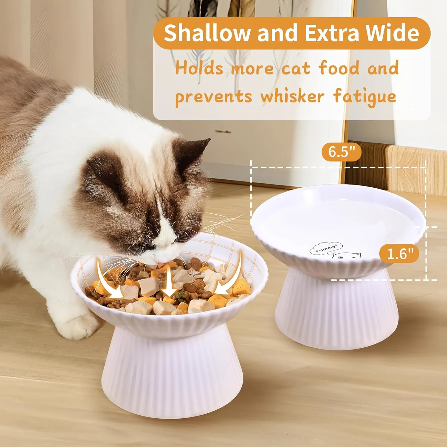 Upgraded 2 Ceramic Elevated Cat Bowls 6.5'' Extra Wide Raised Cat Food Bowls for Food and Water, Anti Vomiting, Cat Dishes for Indoor Cats, Whisker Friendly, Dishwasher & Microwave Safe