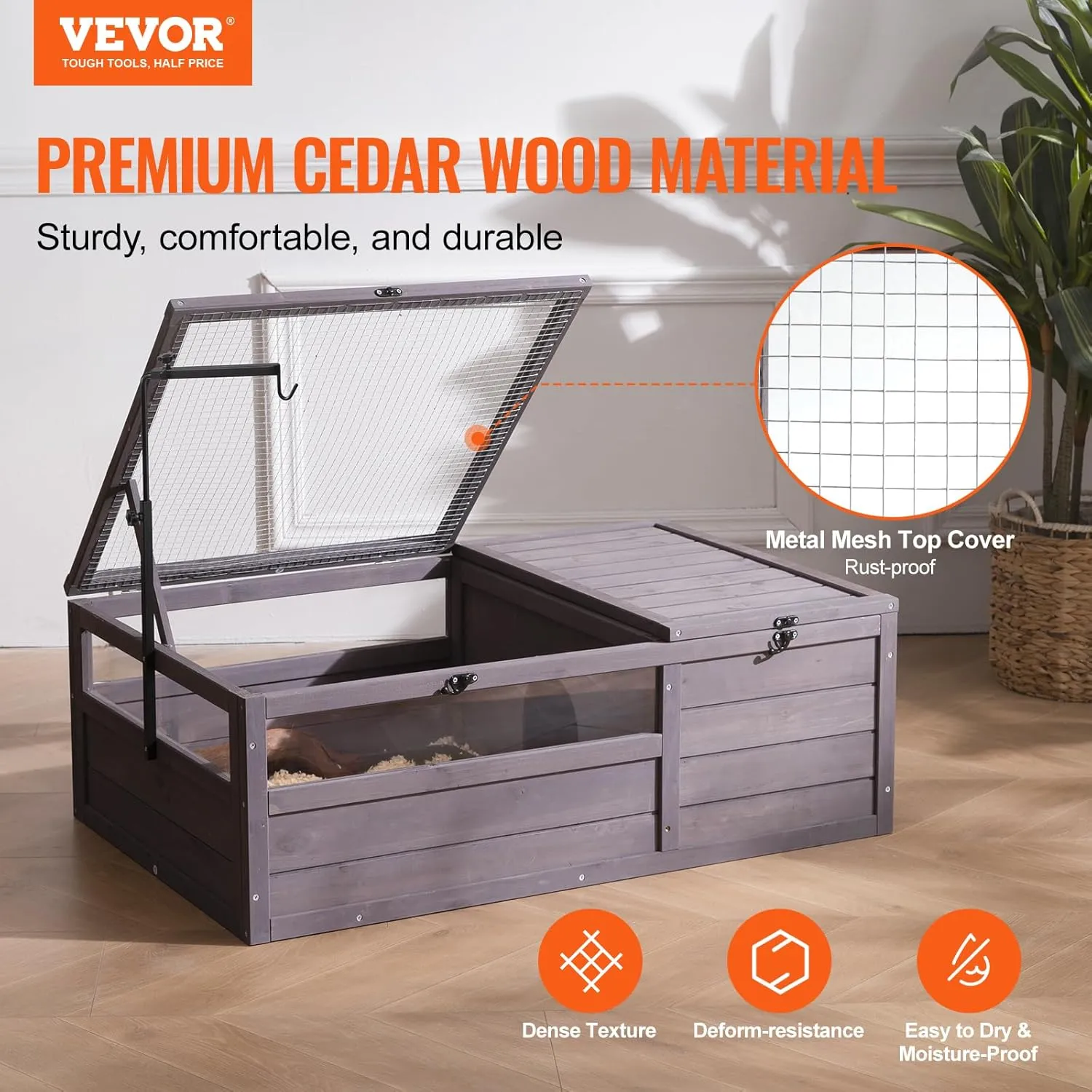 VEVOR Tortoise Habitat, Cedar Wooden Tortoise House Indoor & Outdoor, Tortoise Enclosure with Adjustable Lamp Holder, 2-Room Reptile Enclosure Small Animal Cage for Gecko, Lizard, Snake 38x24x13 inch