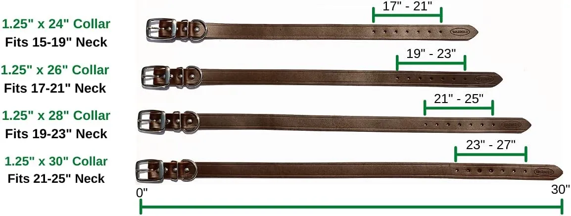 Warner Cumberland Leather Dog Collar Free Engraved Brass ID tag USA (1 1/4" x 28" Fits 21-25" Neck, Black)