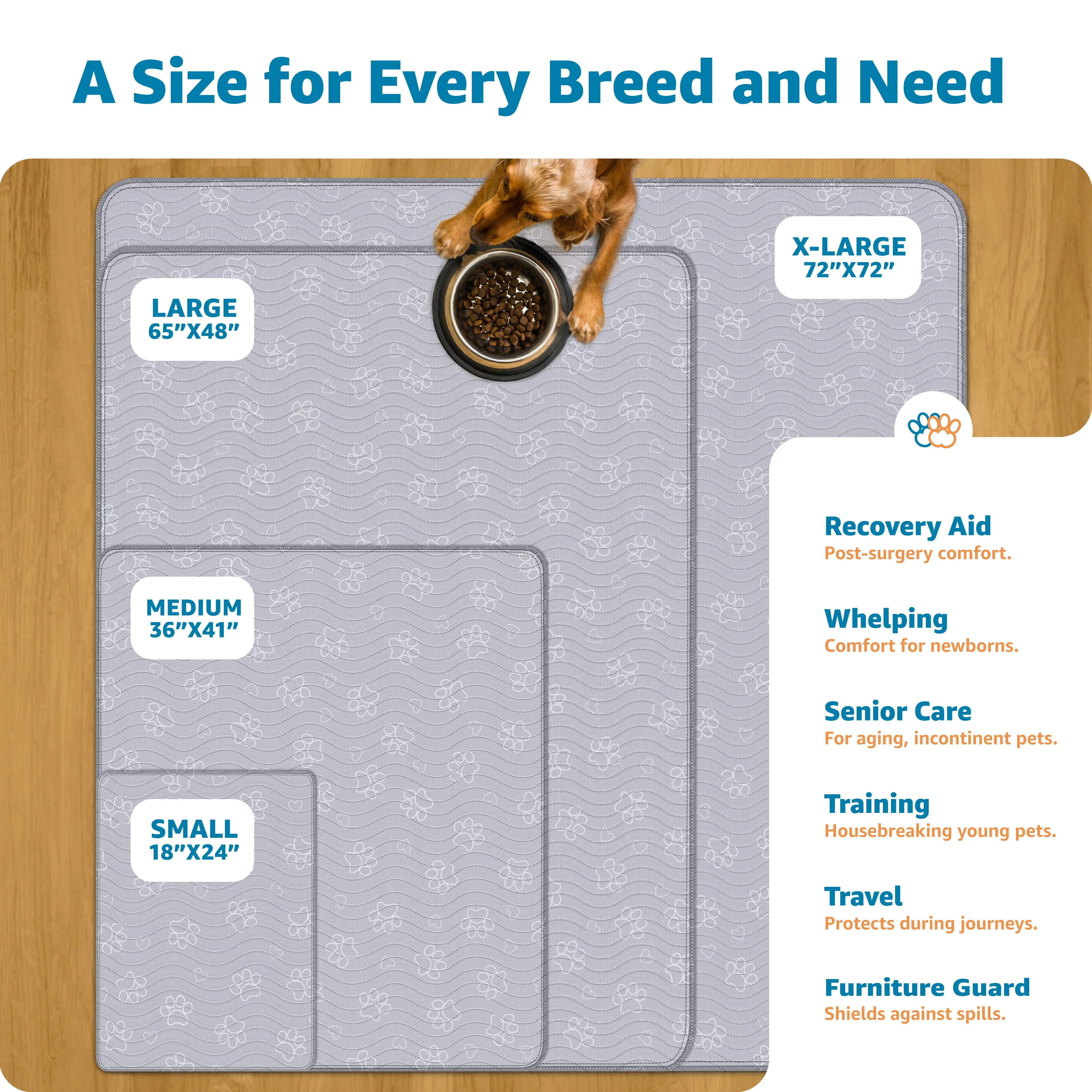 Washable Pee Pad for Dogs, Heavy Absorbency,  Reusable Training & Whelping Pad, Protects Floors and Furniture
